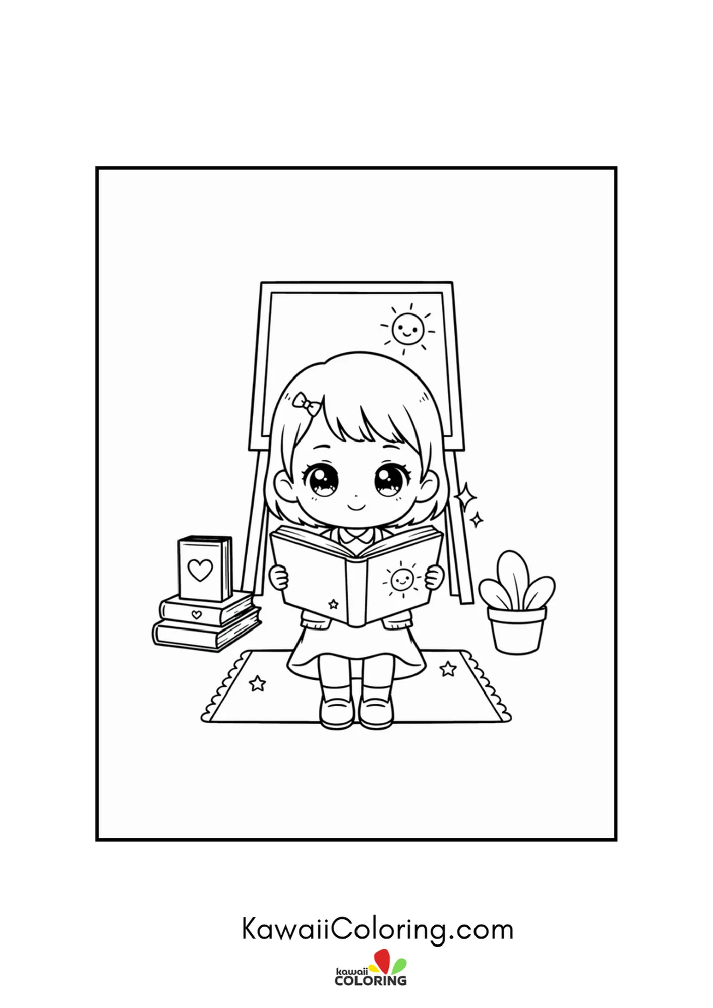 Kawaii teacher standing and reading an open picture book by an easel coloring page