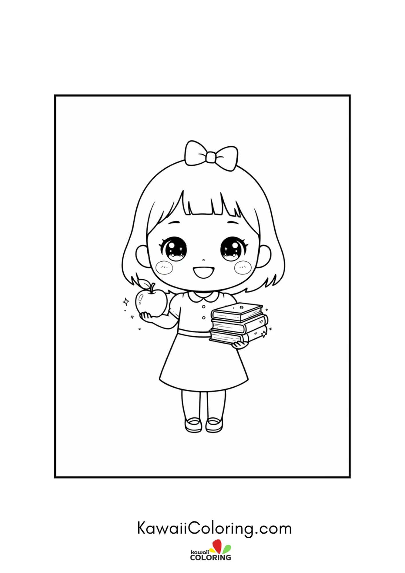 Kawaii girl holding a shiny apple and a stack of books coloring page