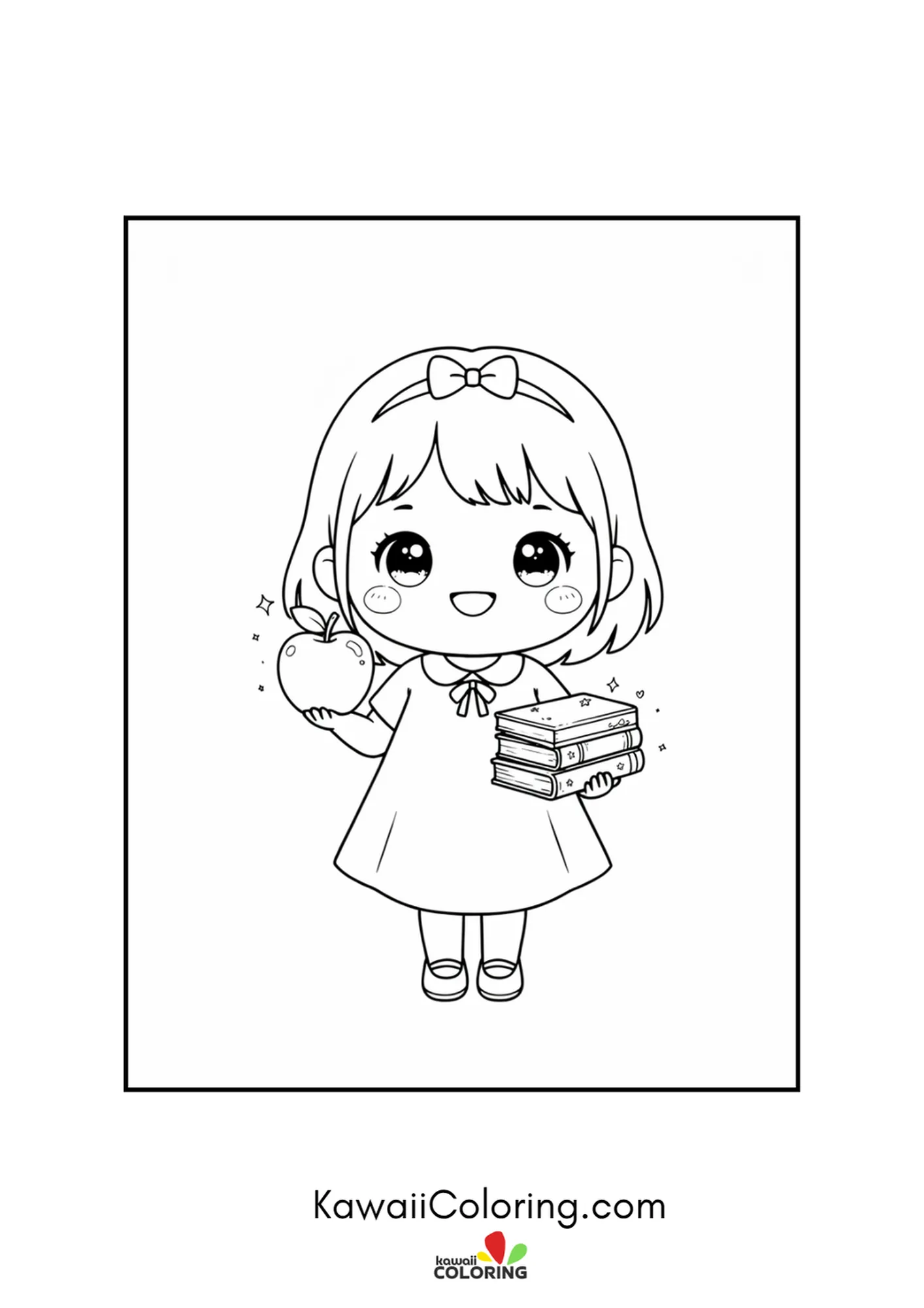 Smiling kawaii teacher holding an apple and school books coloring page