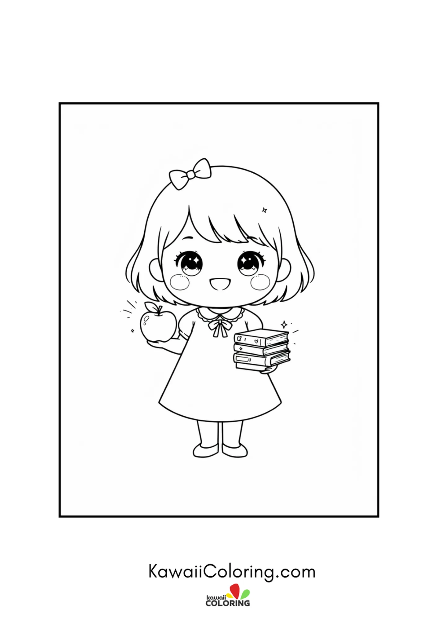 Kawaii girl in a dress holding an apple and a book stack coloring page