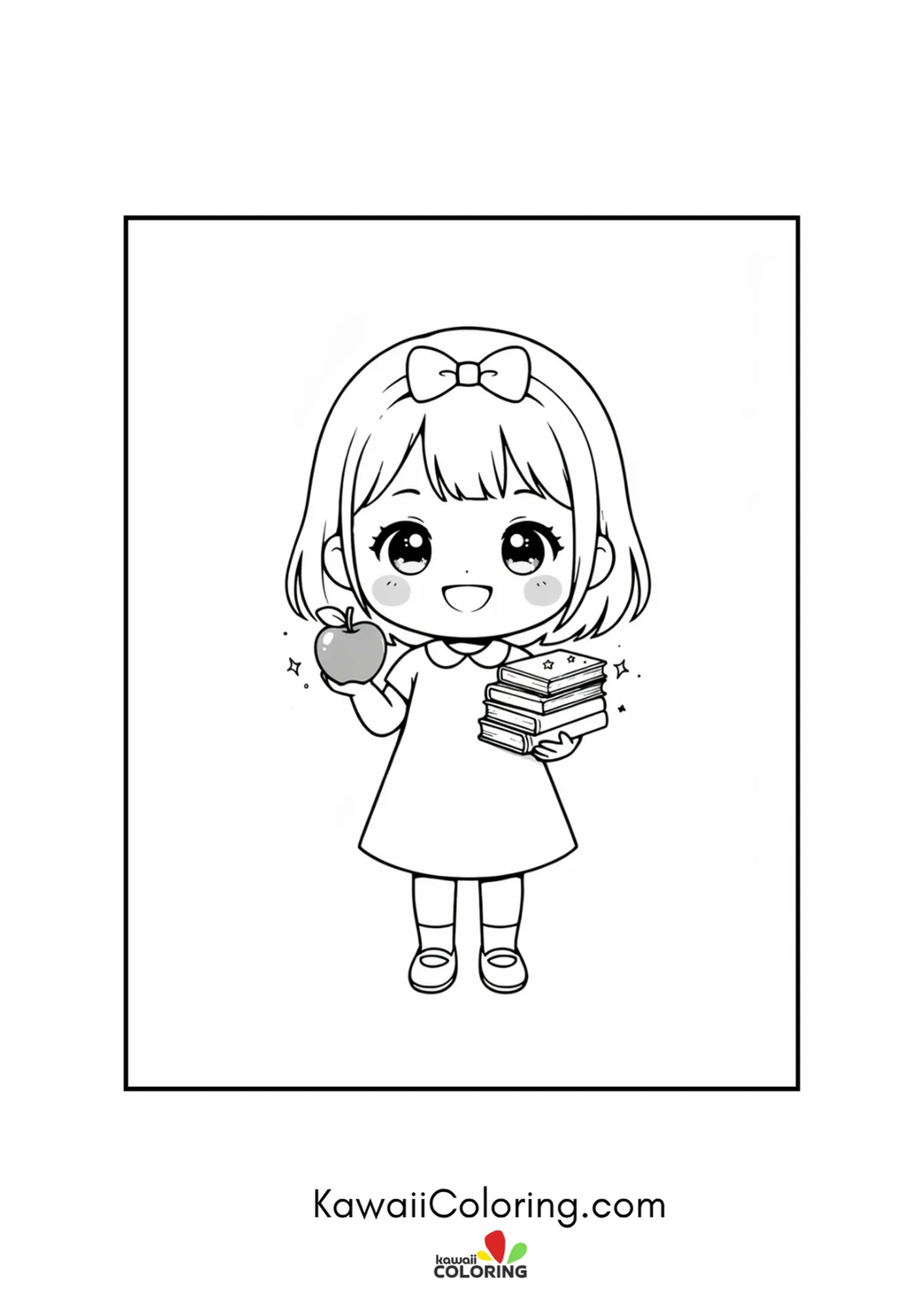 Happy kawaii teacher holding a big apple and books coloring page