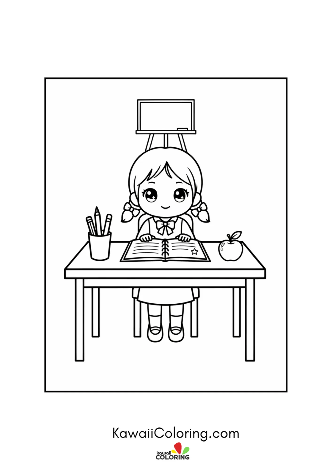 Kawaii girl writing in a notebook at her school desk coloring page