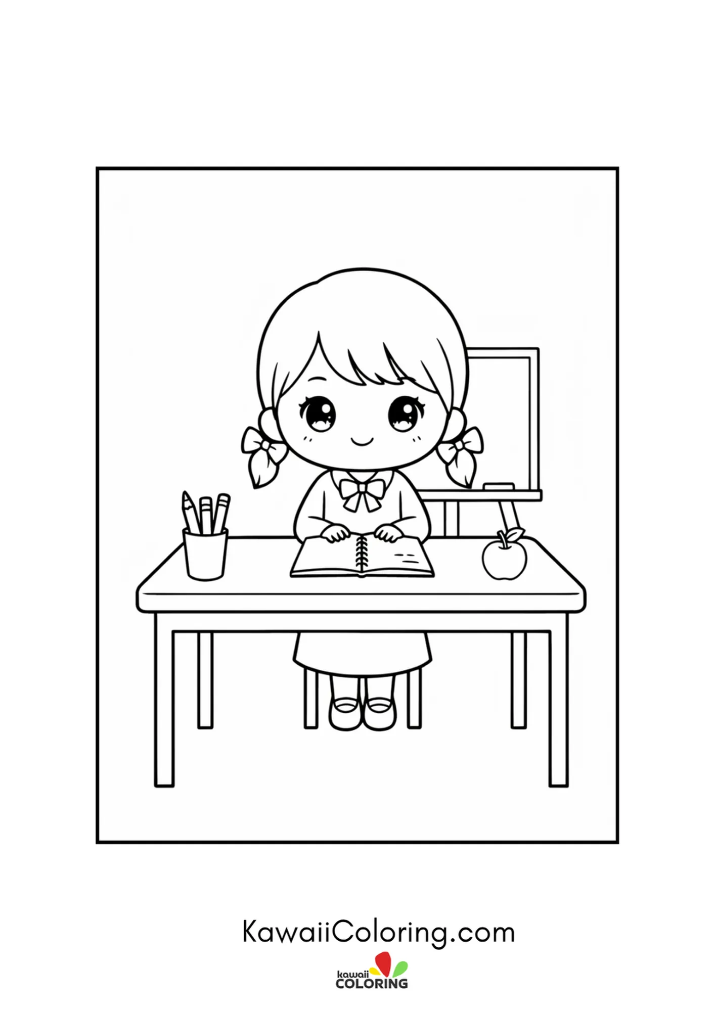 Kawaii student reading at a desk with a pencil cup and apple coloring page