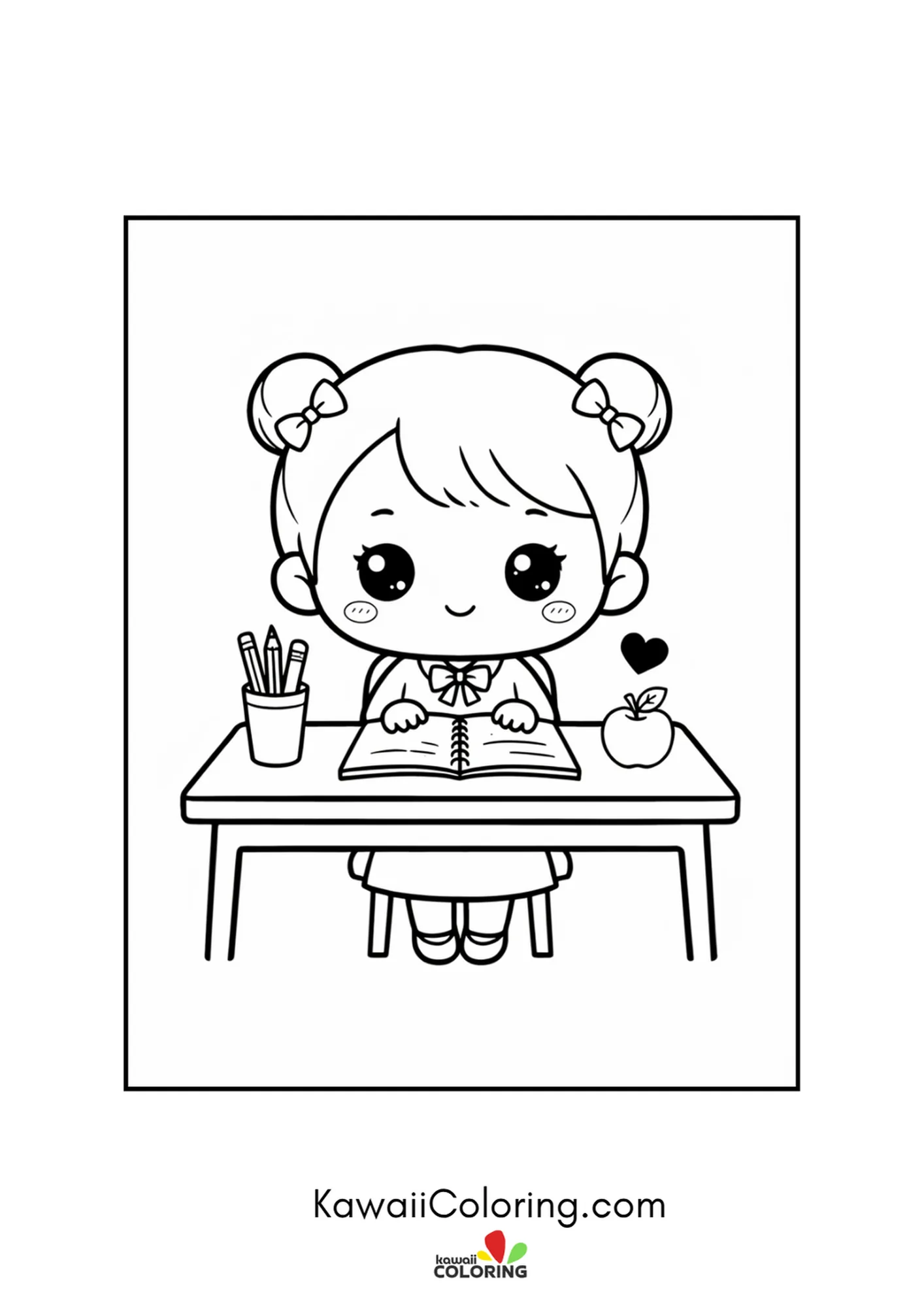 Kawaii girl with space buns studying at her school desk coloring page