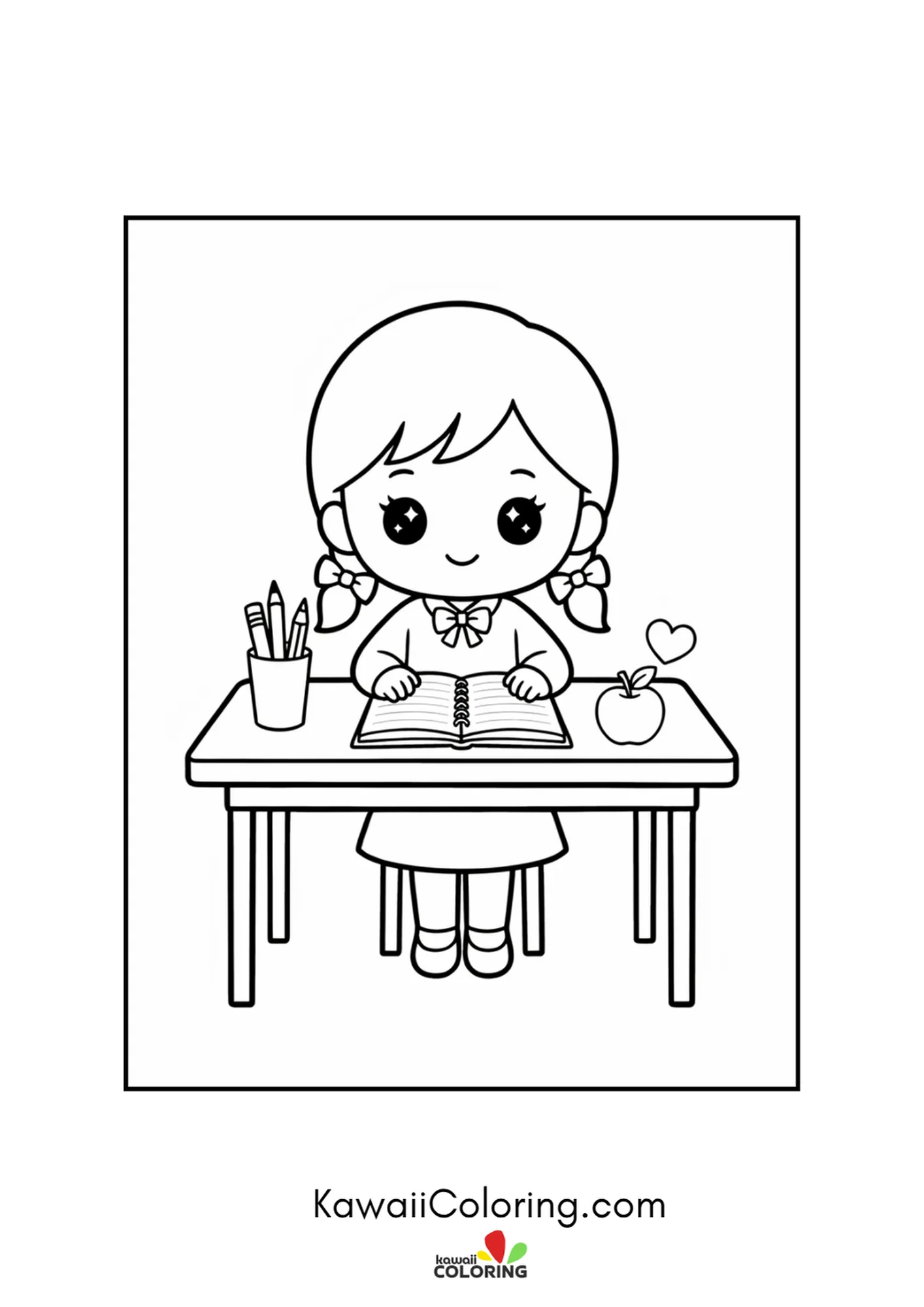 Kawaii girl writing at a tidy desk with an apple beside her coloring page