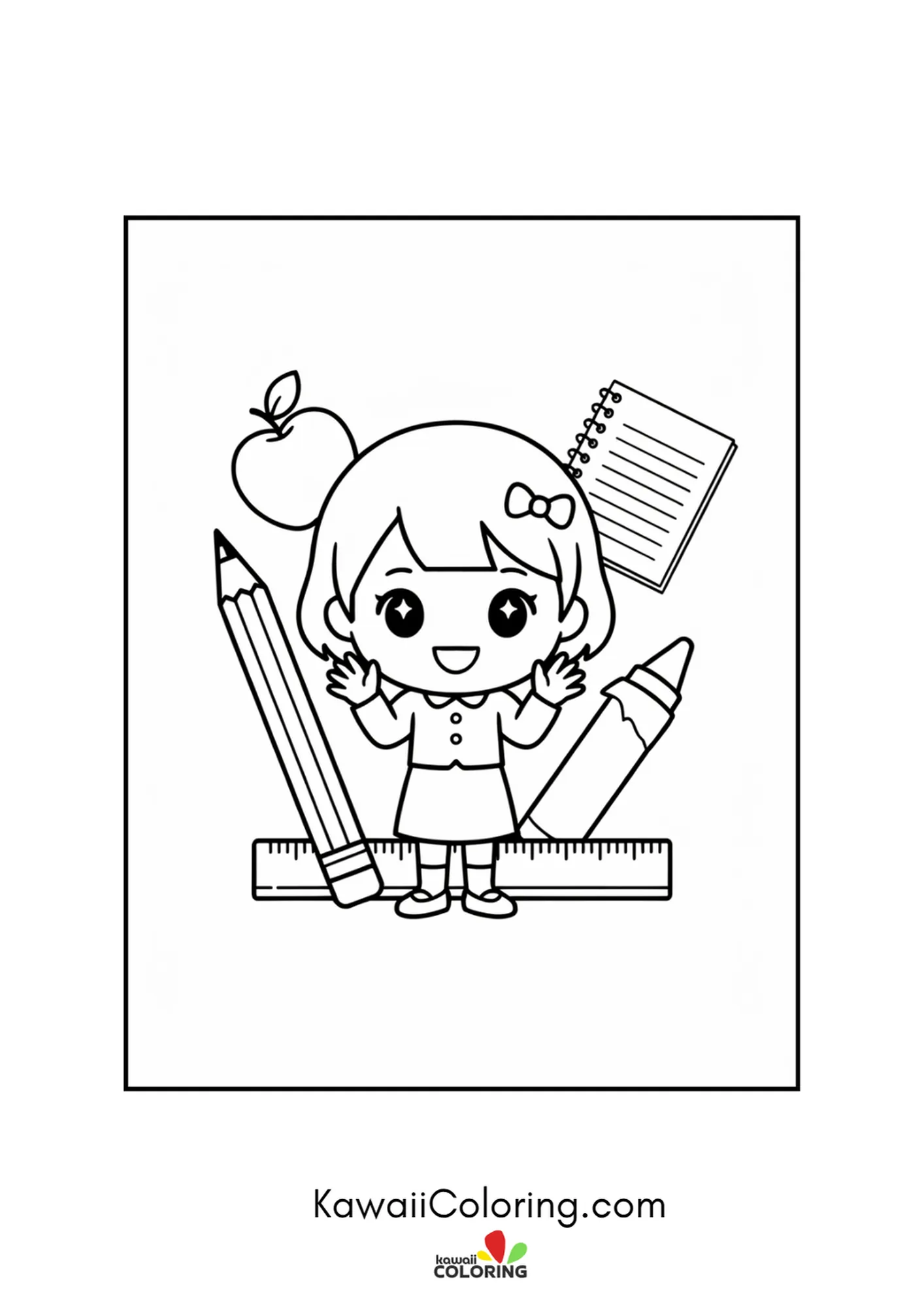 Kawaii girl surrounded by giant school supplies with arms raised coloring page