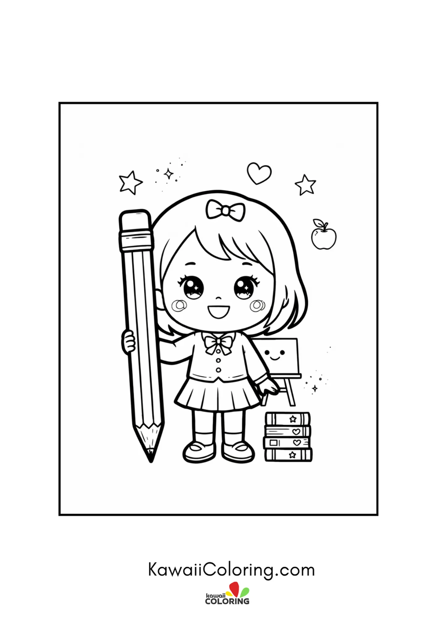 Smiling kawaii teacher with a bow holding an oversized pencil and a happy notepad coloring page
