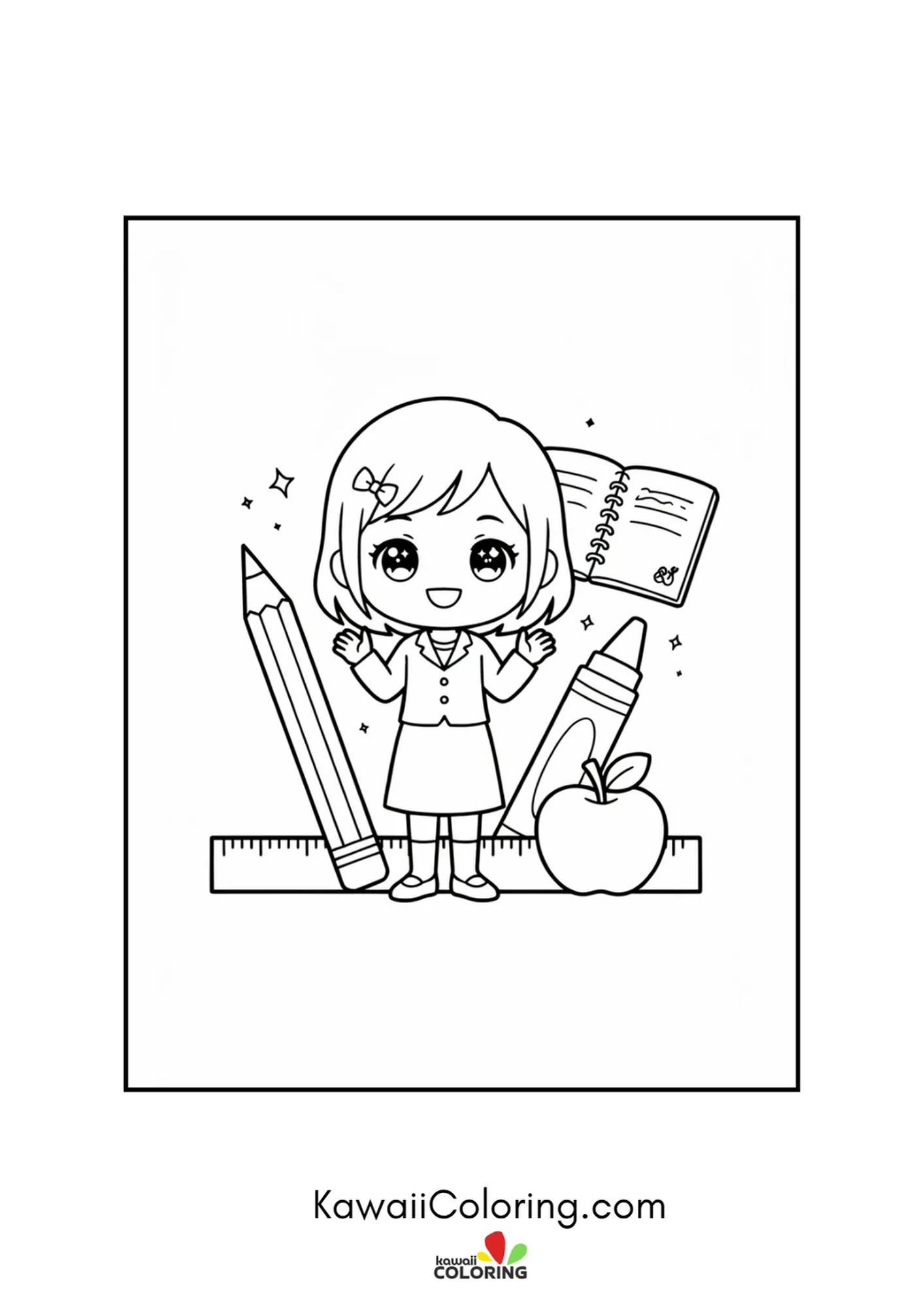 Cheerful kawaii teacher framed by a big pencil, crayon, book and apple coloring page