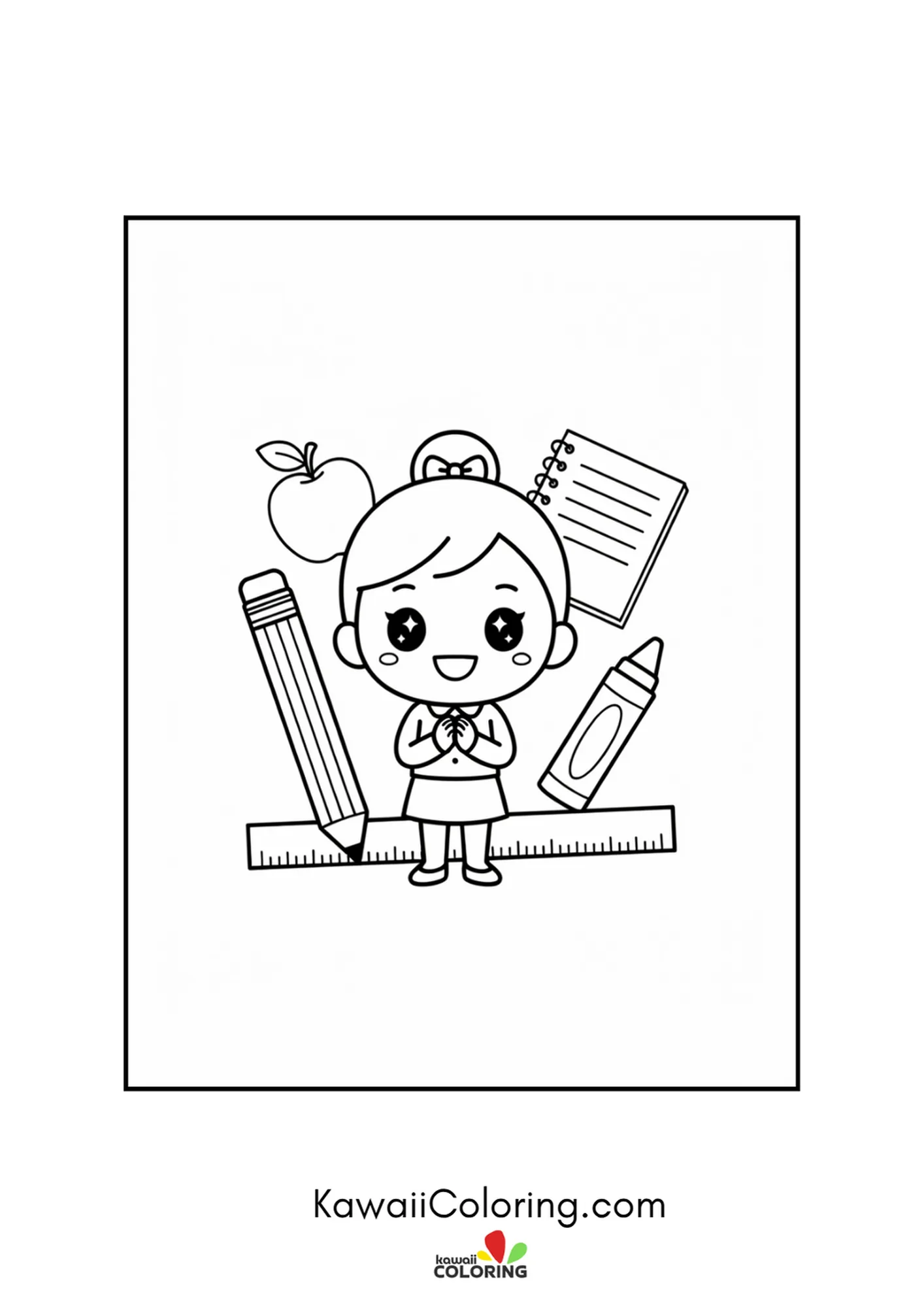 Kawaii girl with a bun among an oversized pencil, crayon and notepad coloring page