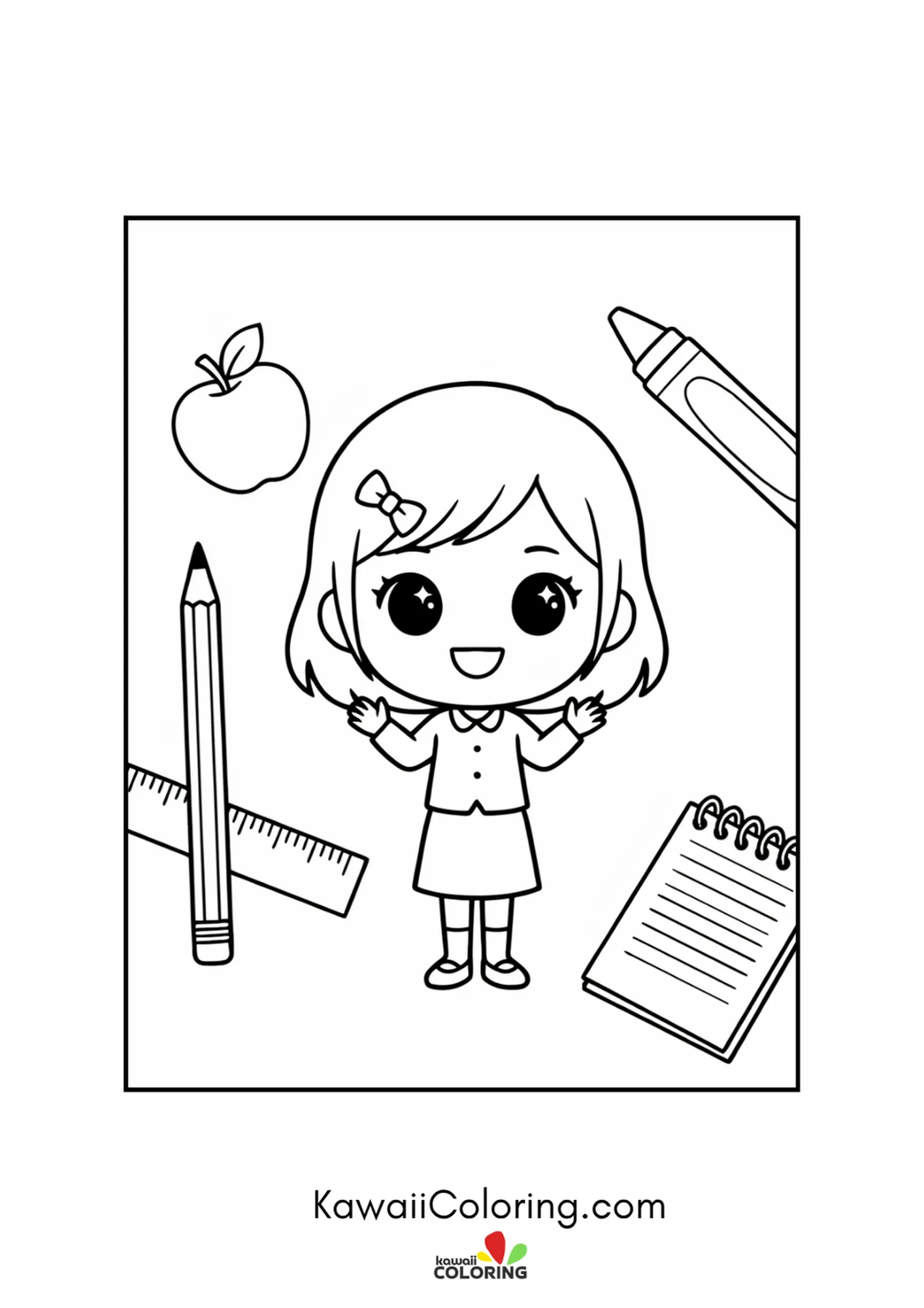 Kawaii teacher surrounded by a pencil, crayon, ruler and notepad coloring page