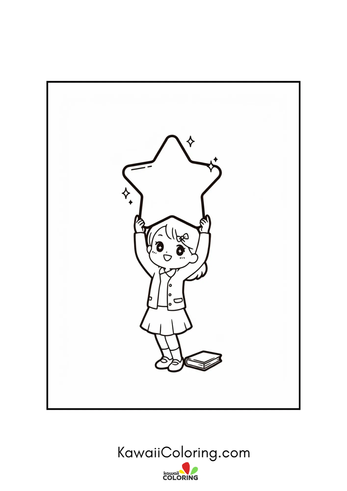Kawaii girl proudly holding up a big gold star coloring page