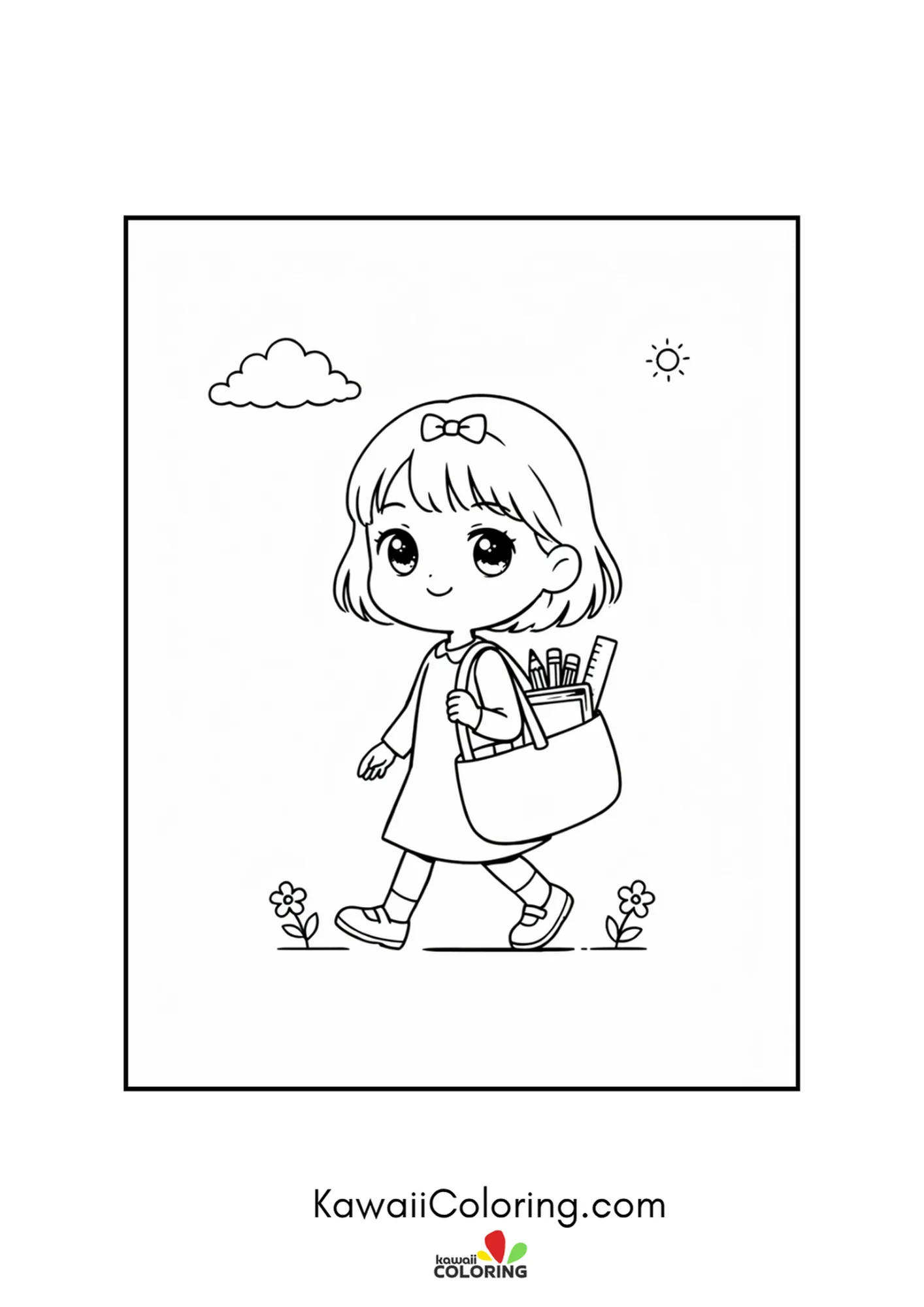 Kawaii girl walking to school with a tote bag of supplies coloring page