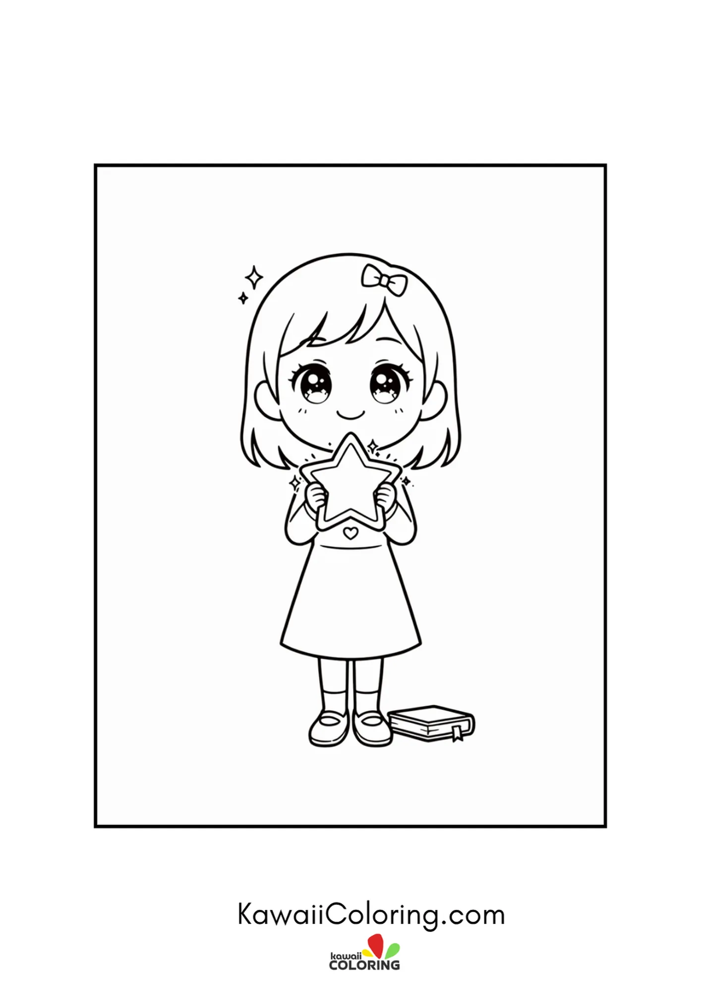 Kawaii girl holding a star with a book at her feet coloring page