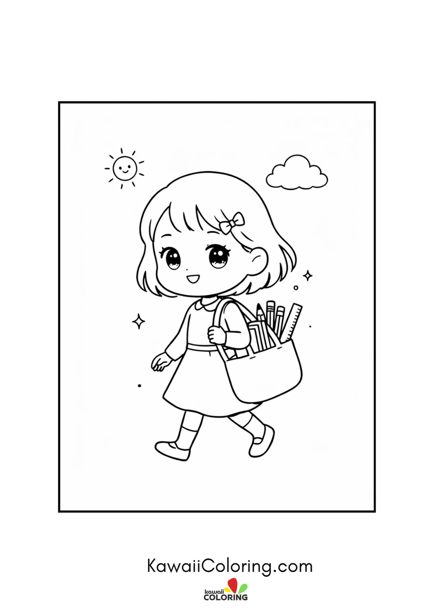 Kawaii girl heading to school with a supply-filled bag under a sunny sky coloring page