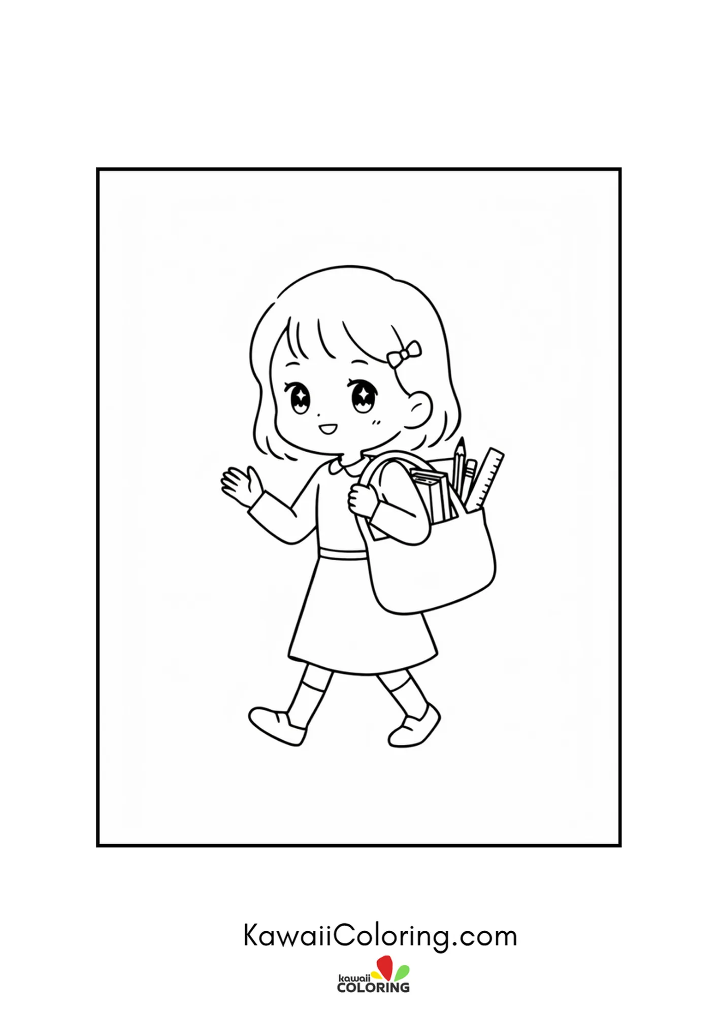 Kawaii girl waving as she walks to school with her school bag coloring page