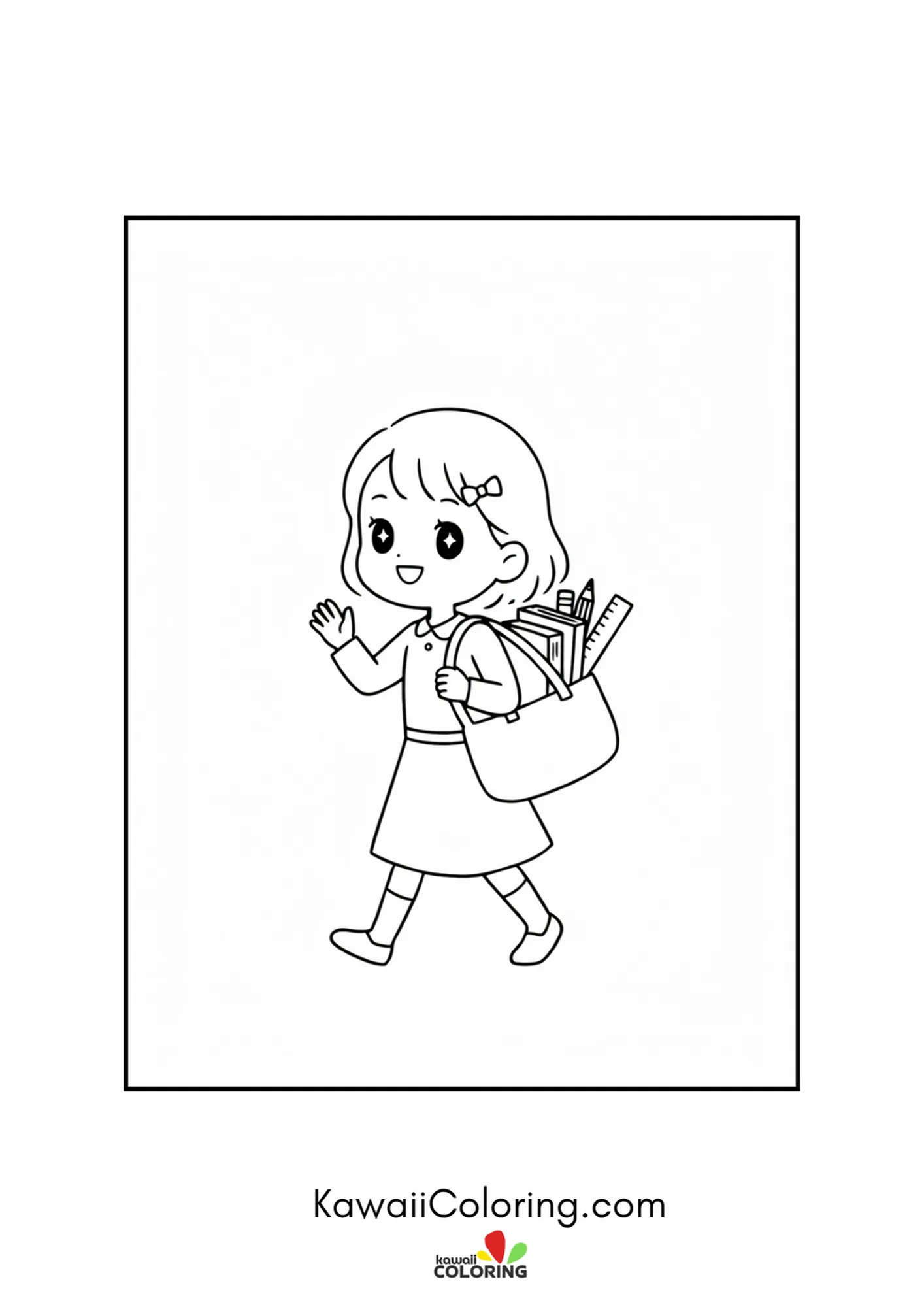 Kawaii girl waving and carrying a bag full of school supplies coloring page