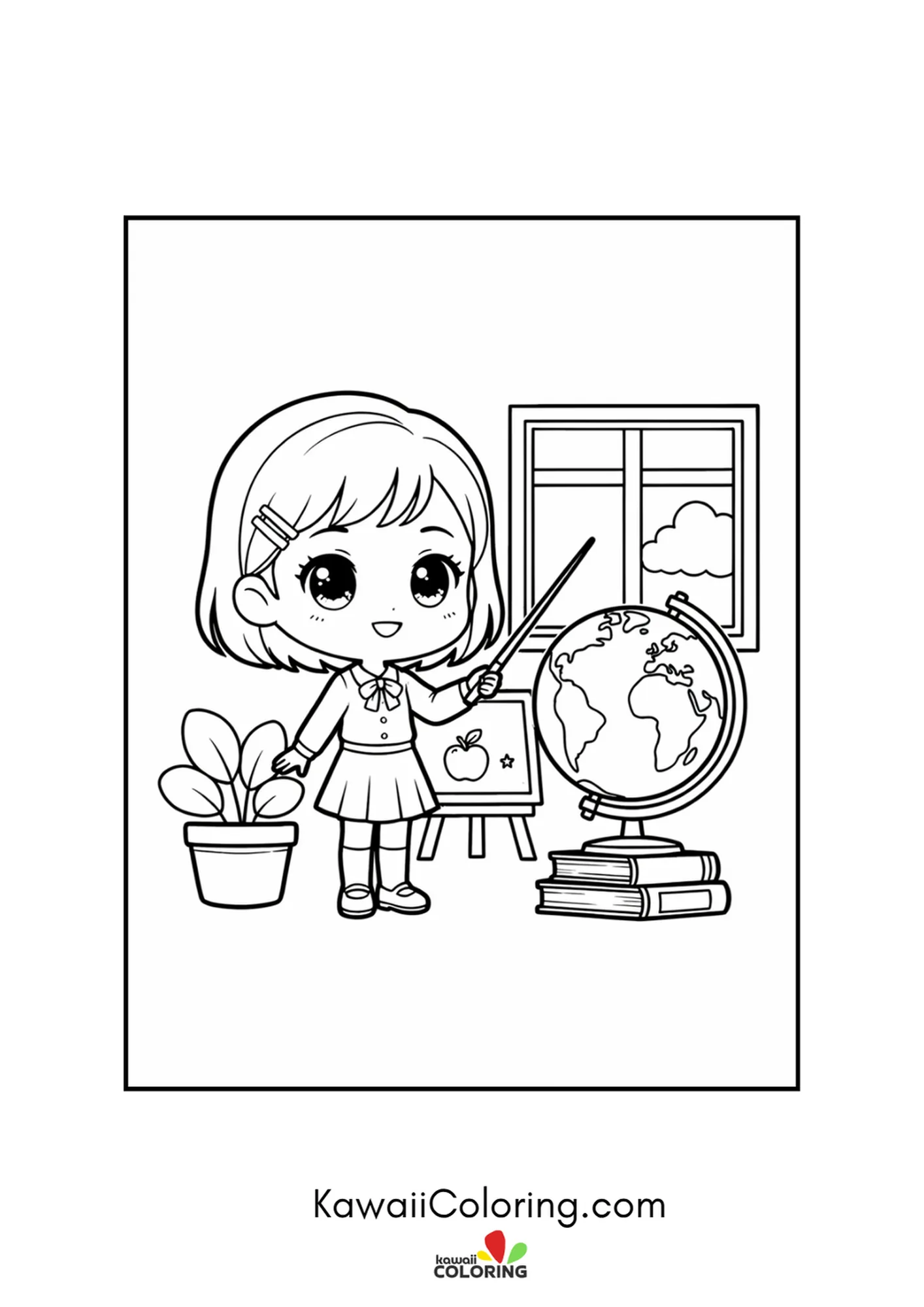 Kawaii teacher pointing to a globe by the classroom window coloring page