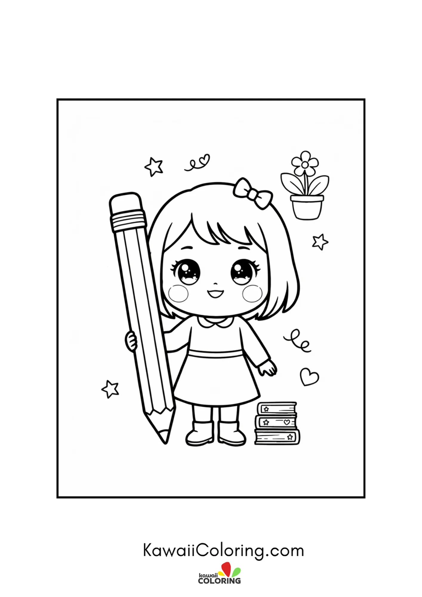 Kawaii teacher holding a giant pencil beside a potted flower and stacked books coloring page