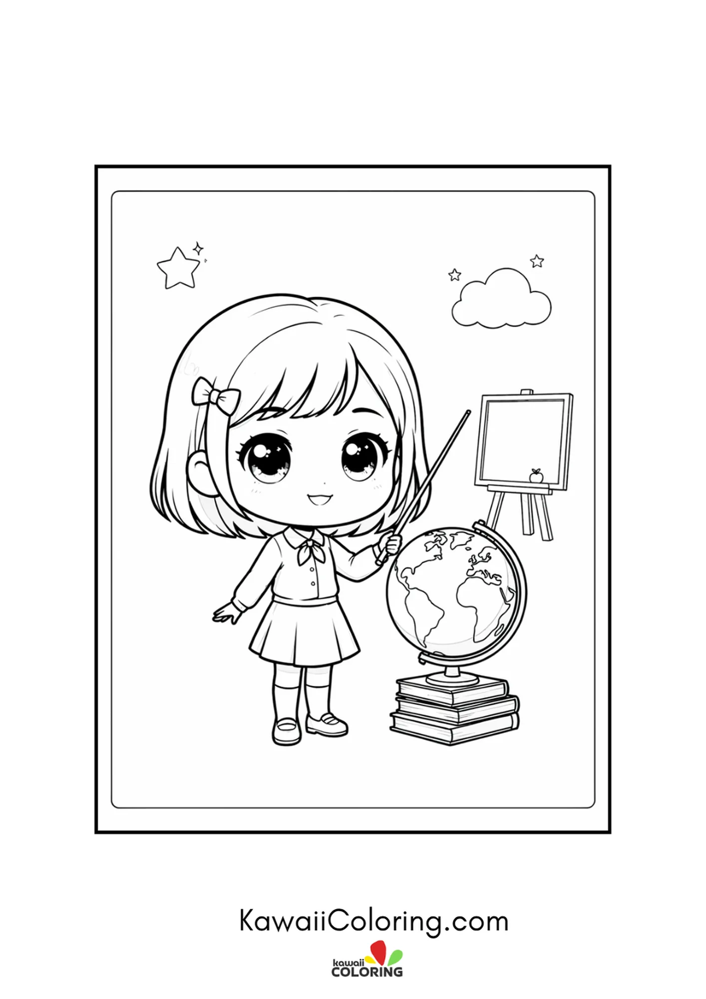 Kawaii teacher with a pointer and a globe on a stack of books coloring page