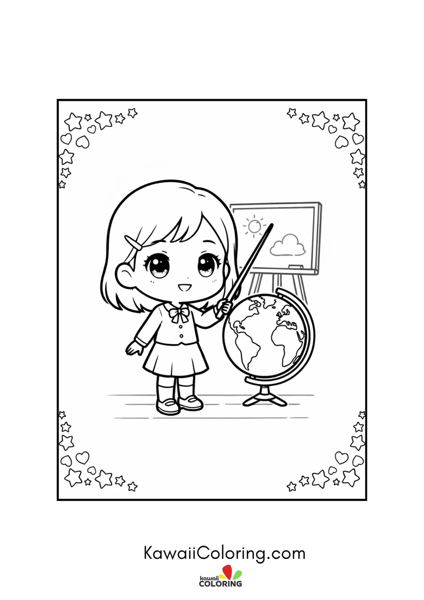 Kawaii teacher at a globe inside a starry decorative border coloring page