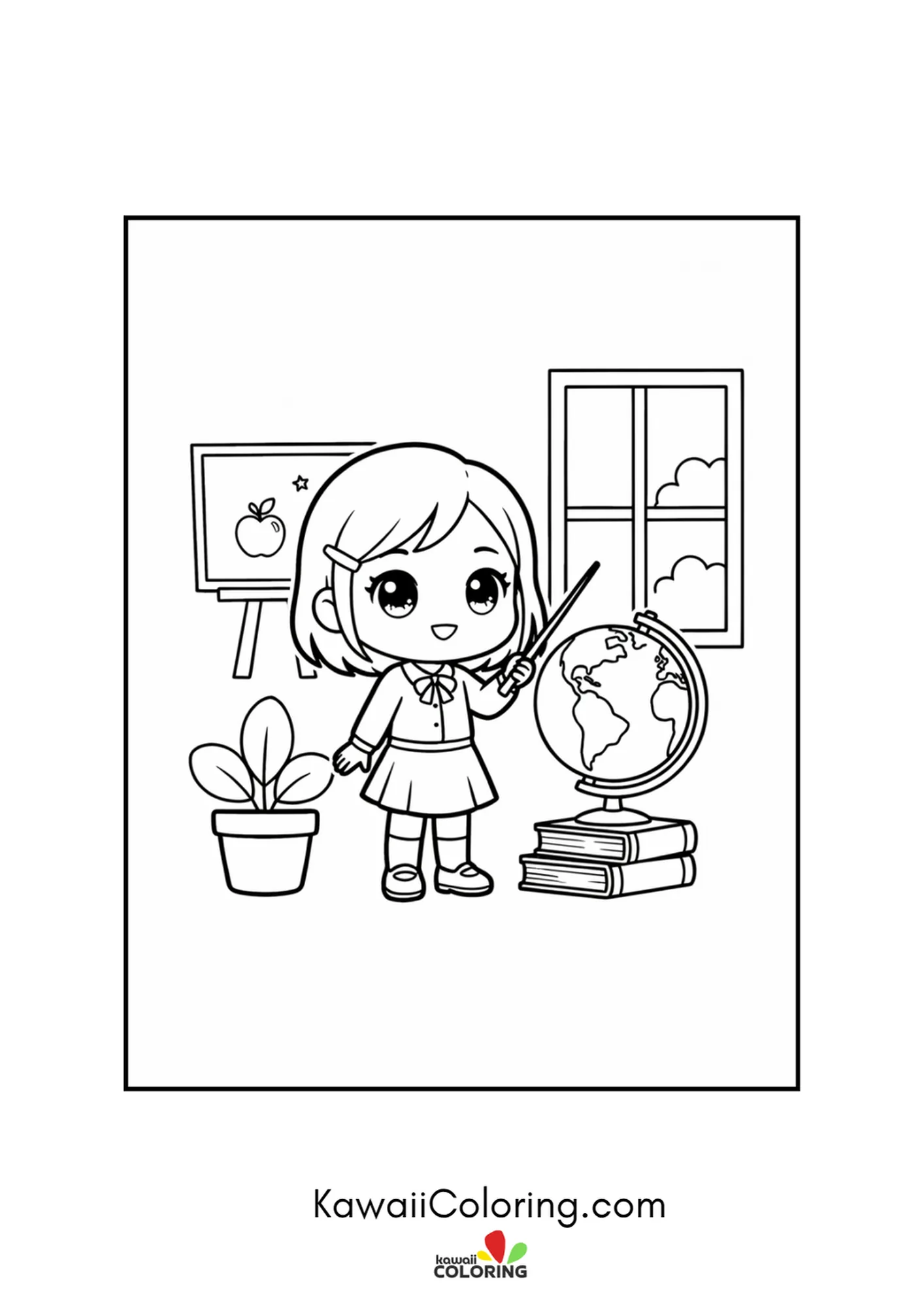 Kawaii geography teacher pointing to a globe near the window coloring page