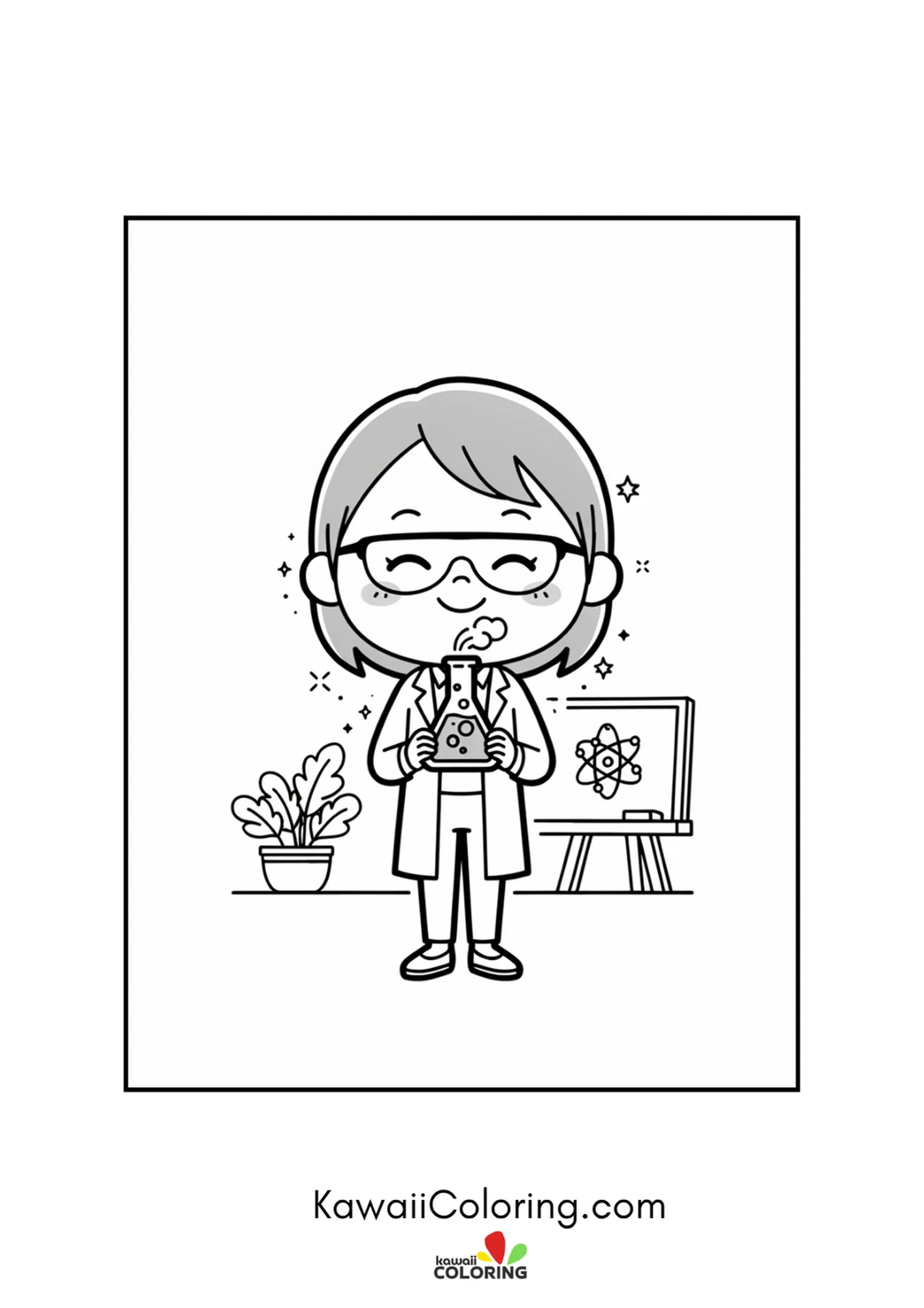 Kawaii science teacher in a lab coat holding a flask coloring page