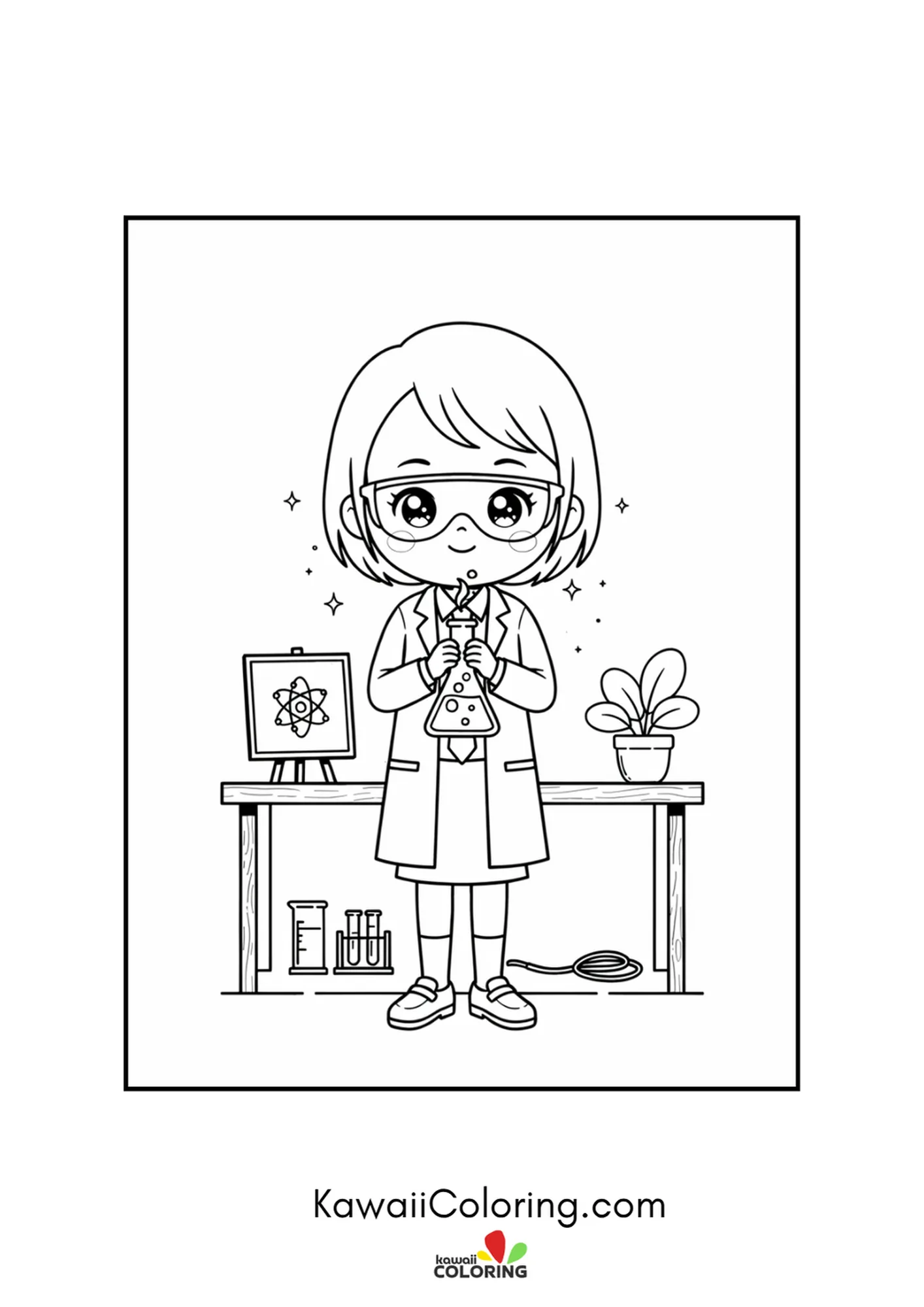 Kawaii scientist teacher with a flask and test tubes on the lab table coloring page