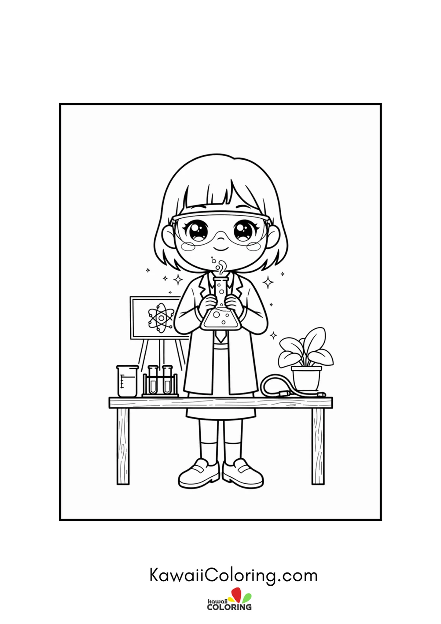 Kawaii science teacher mixing a flask beside beakers and an atom sign coloring page
