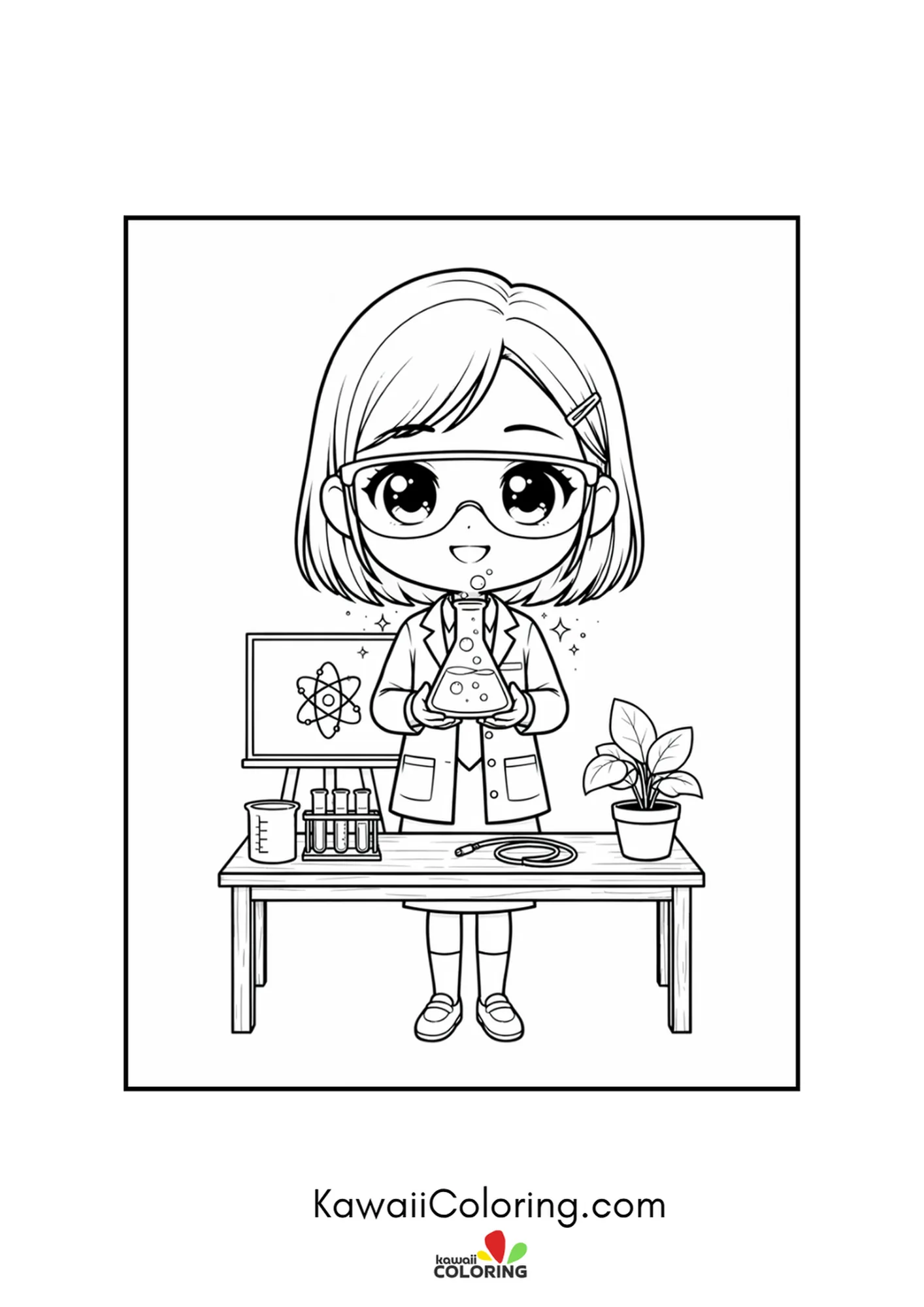 Kawaii teacher in glasses holding a bubbling science flask coloring page