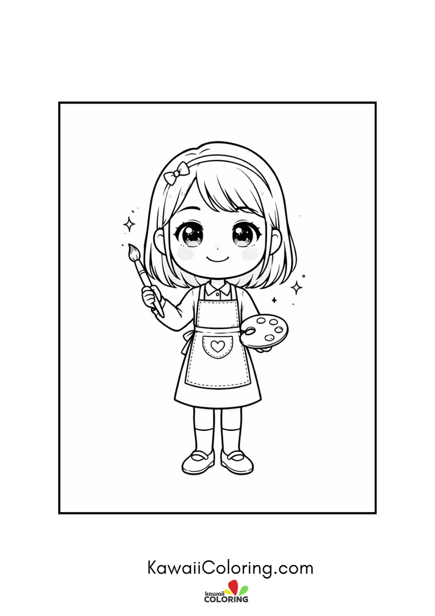 Kawaii art teacher in an apron with a paintbrush and palette coloring page