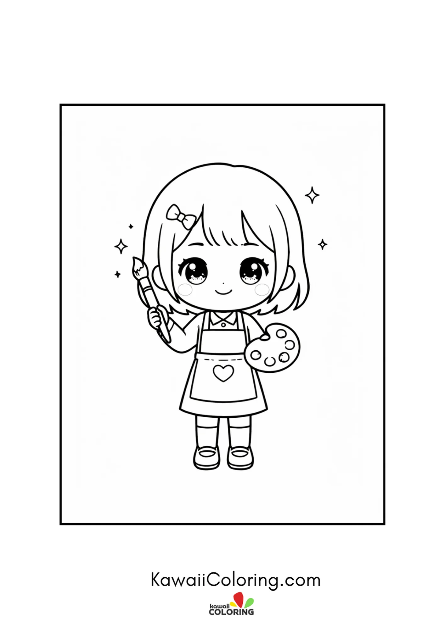 Smiling kawaii art teacher holding a brush and paint palette coloring page