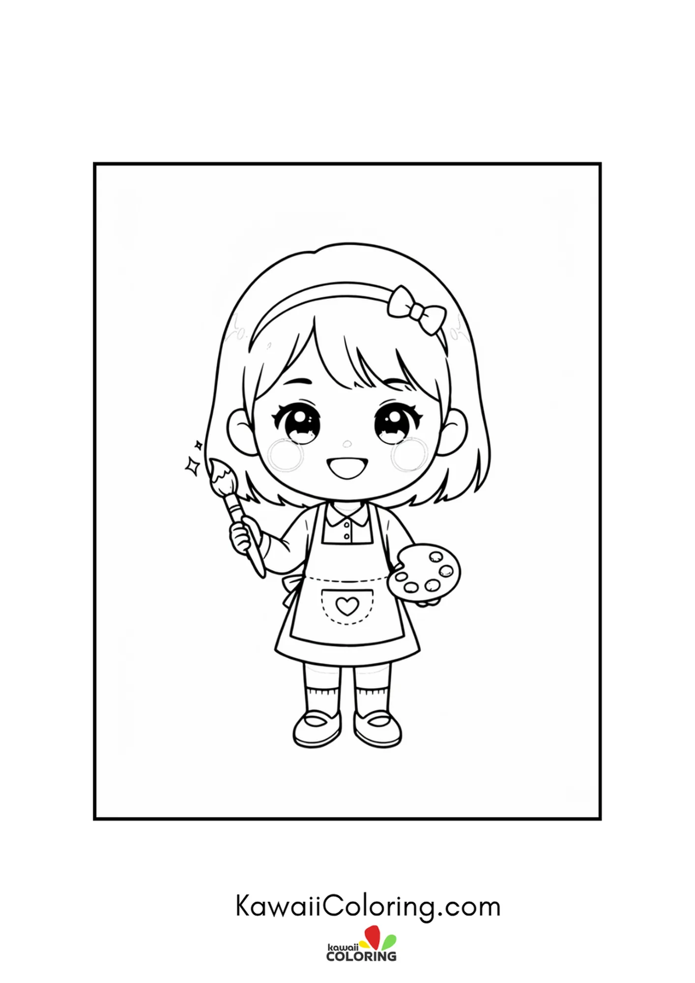 Kawaii art teacher with a headband holding a brush and palette coloring page