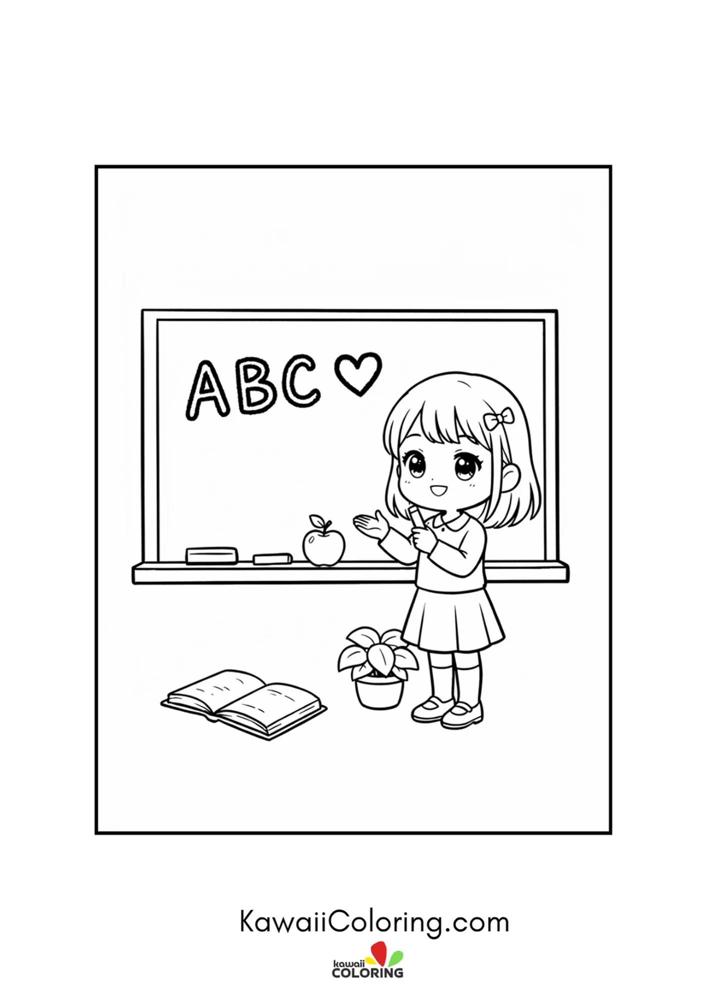 Kawaii girl writing ABC and a heart on the classroom chalkboard coloring page