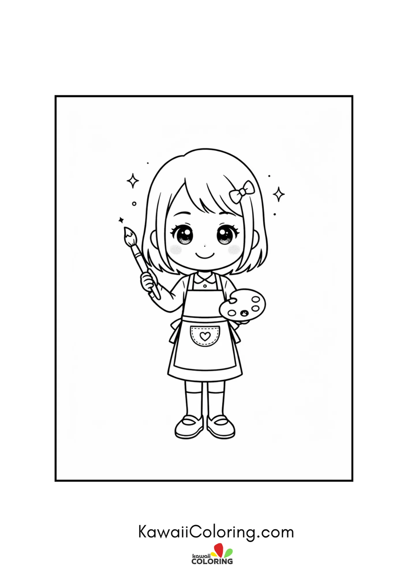 Kawaii art teacher with a paintbrush, palette and sparkles coloring page