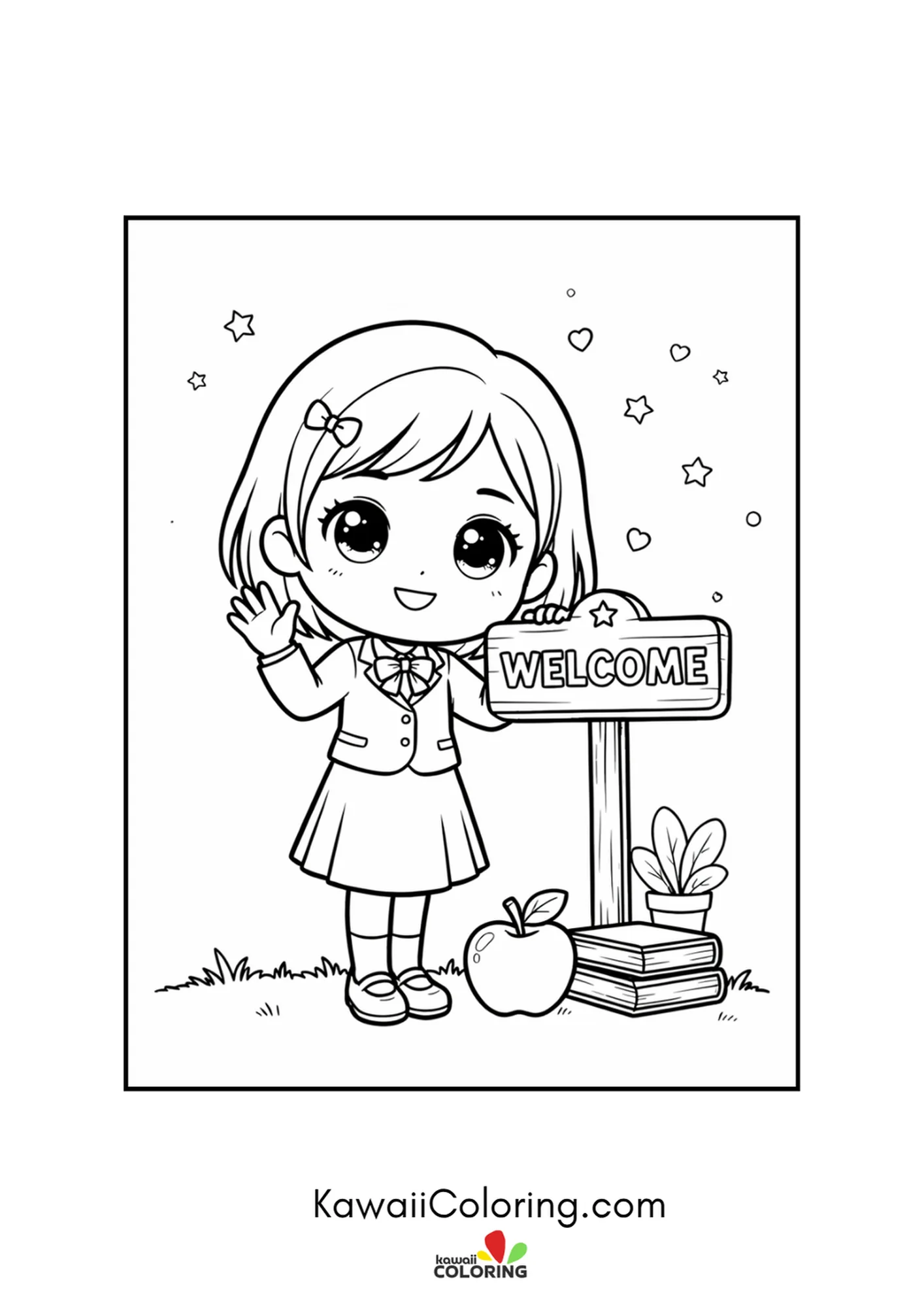Kawaii teacher waving beside a WELCOME sign with an apple and books coloring page