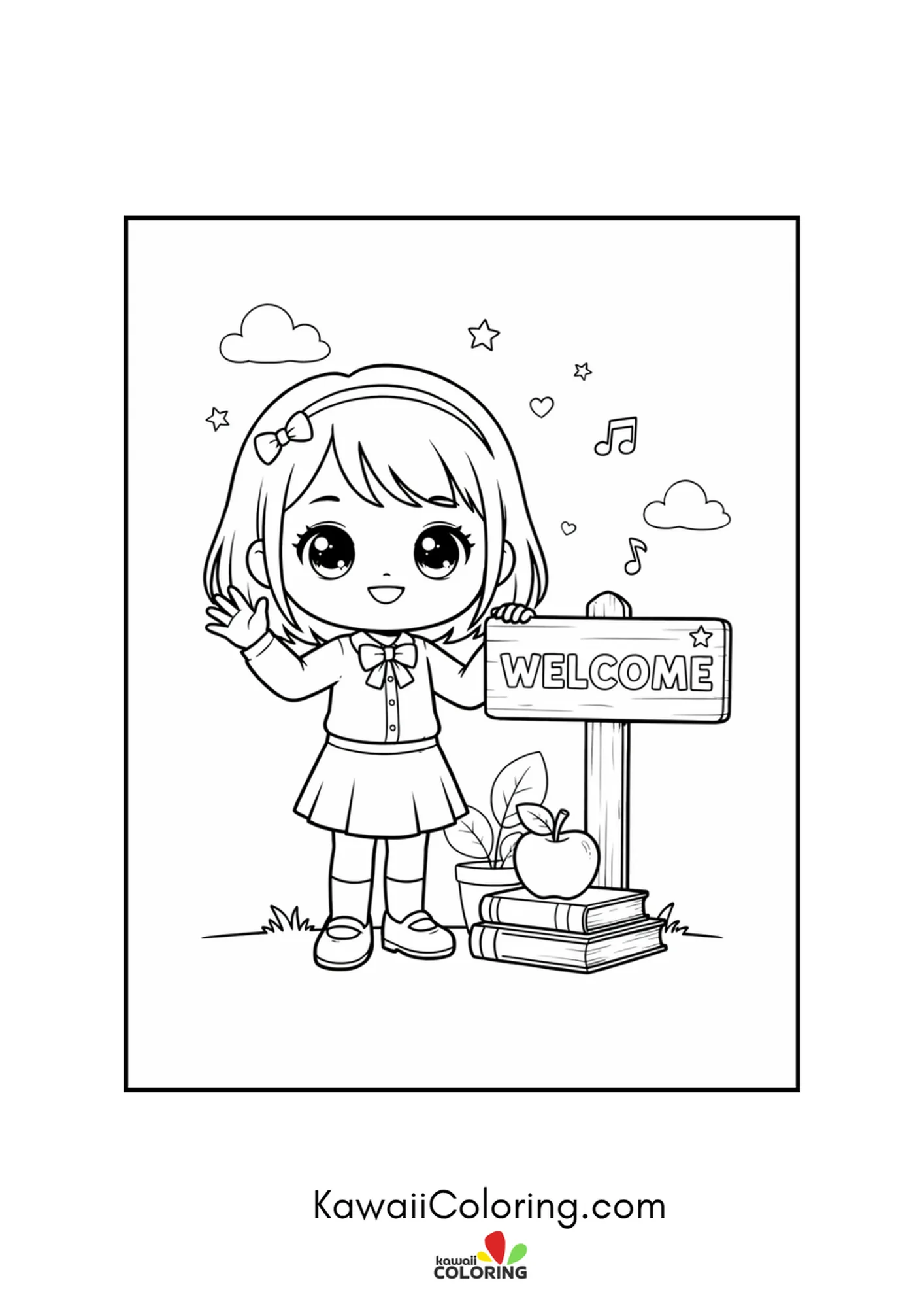 Kawaii teacher waving by a WELCOME sign with a floating music note coloring page