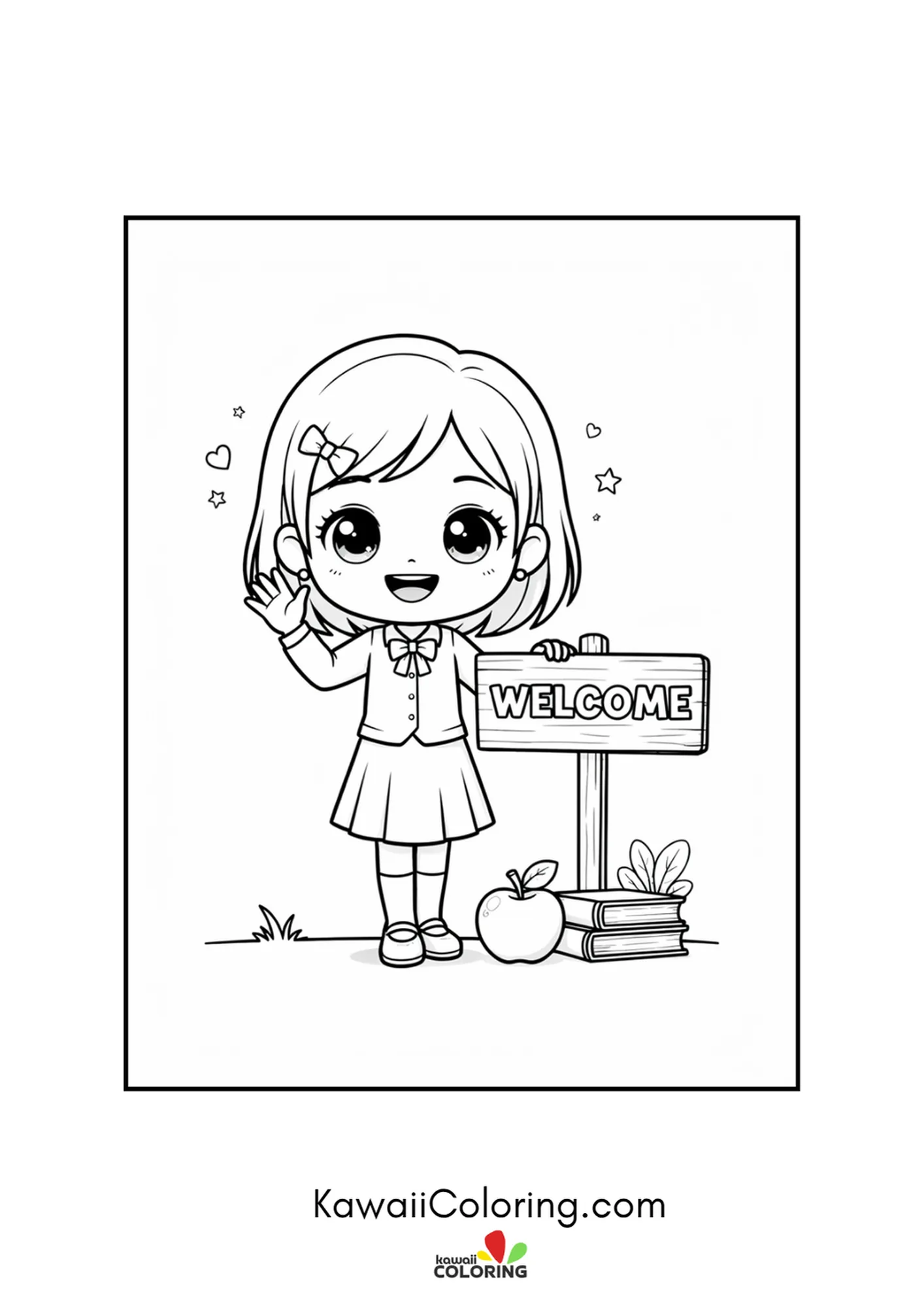 Kawaii girl waving next to a WELCOME sign and an apple coloring page