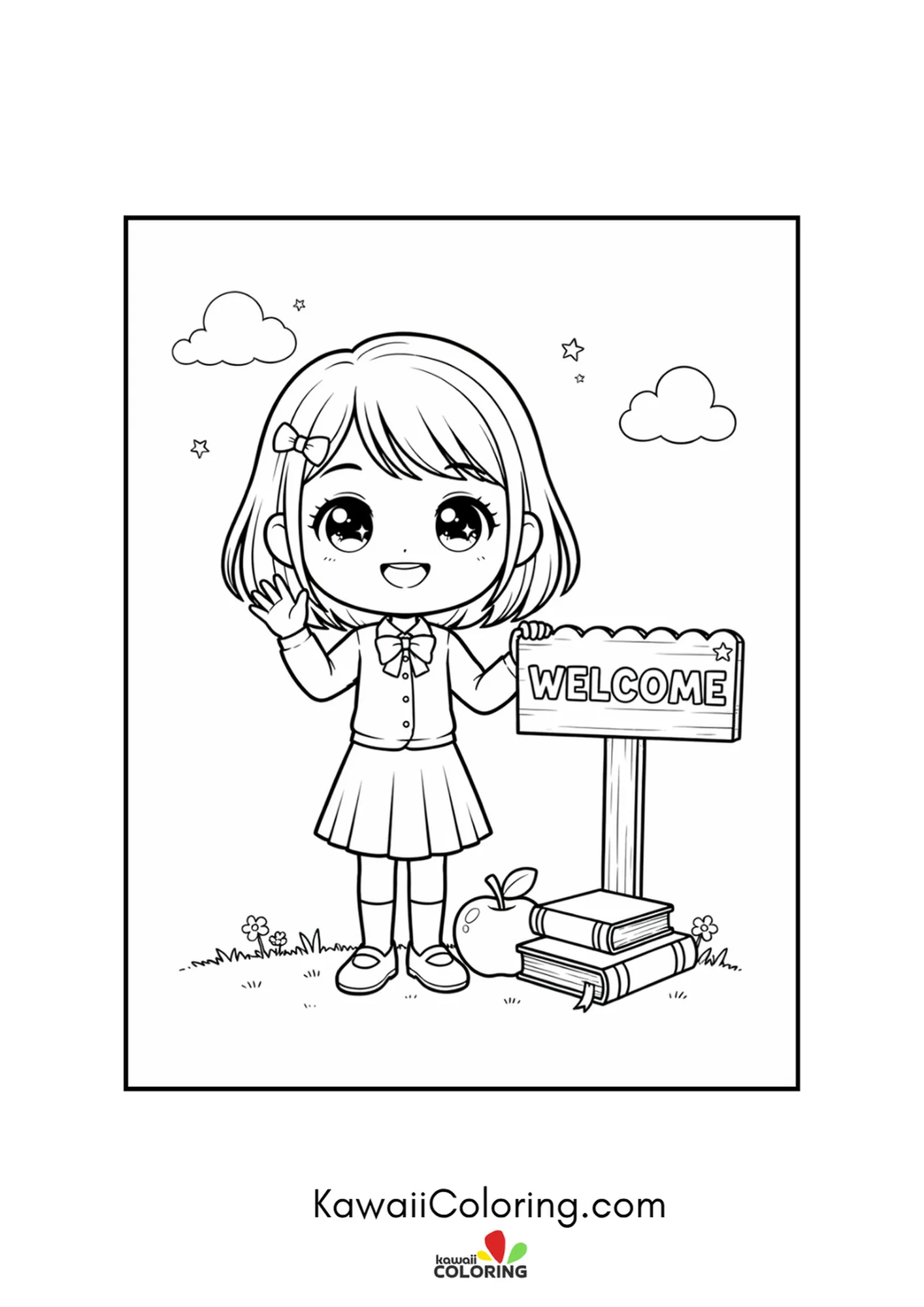 Kawaii teacher waving beside a WELCOME sign under fluffy clouds coloring page