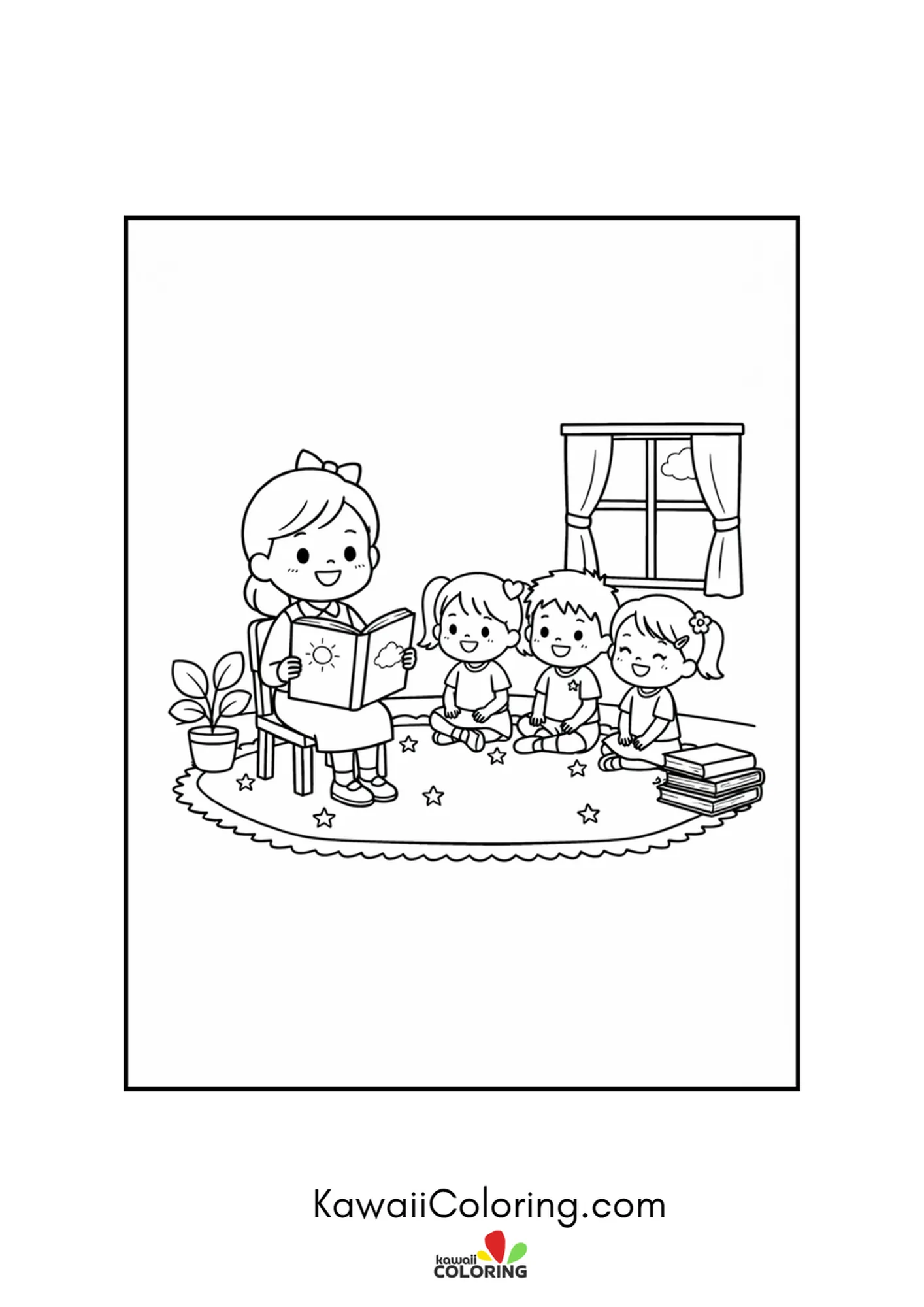 Kawaii teacher reading a story to children on the classroom rug coloring page