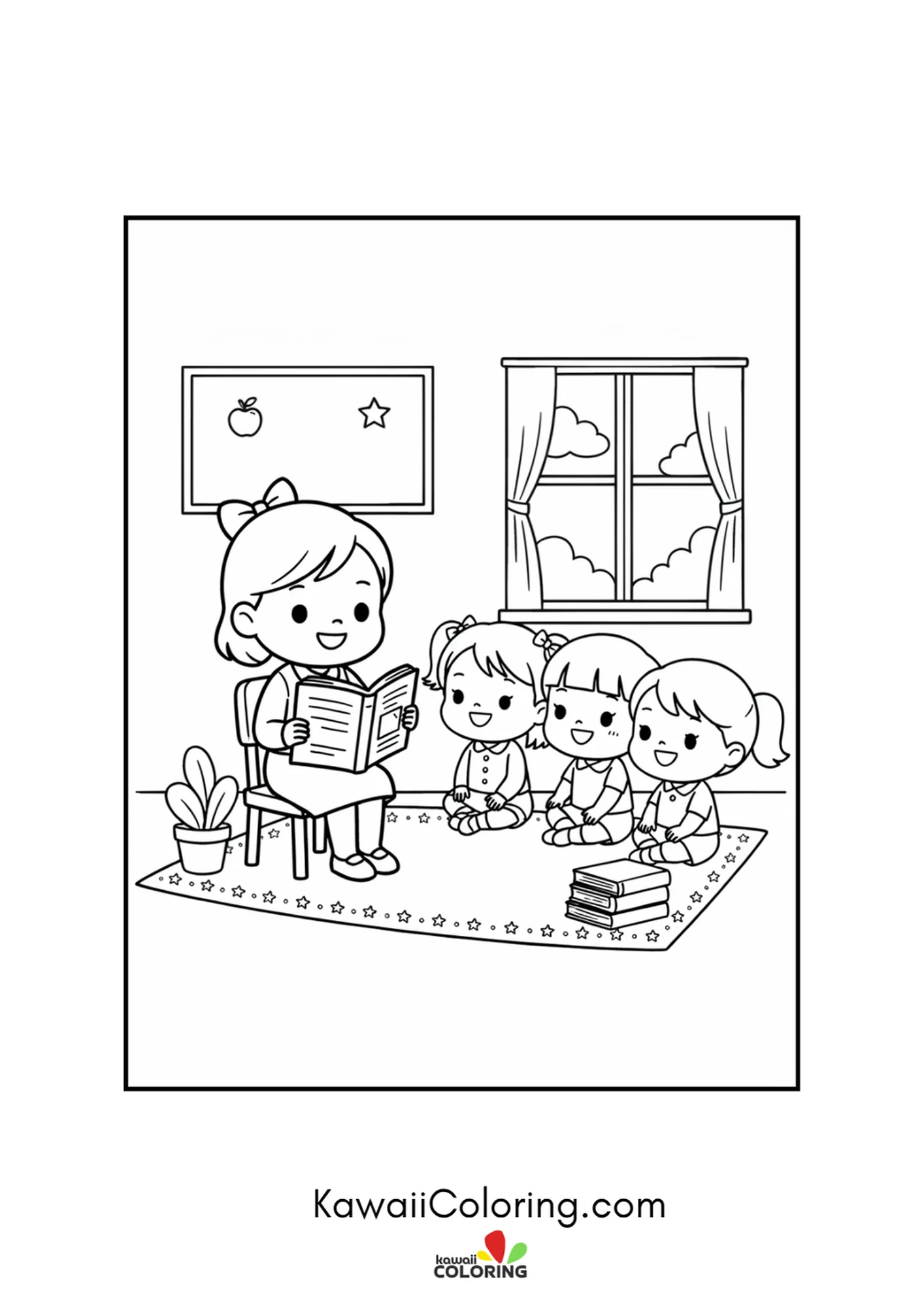Kawaii teacher reading aloud to students at circle time coloring page