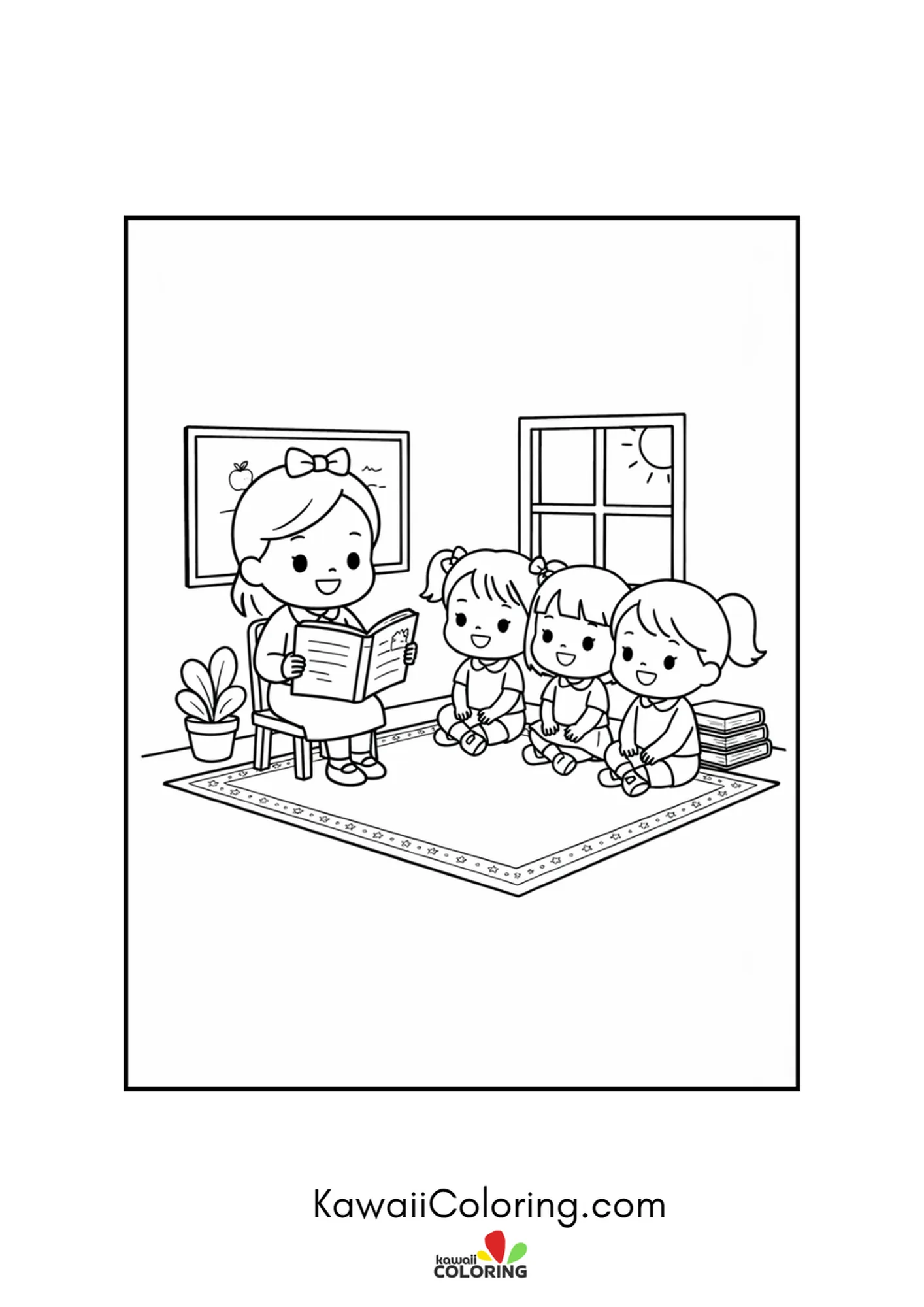Kawaii teacher sharing a book with children on the rug coloring page