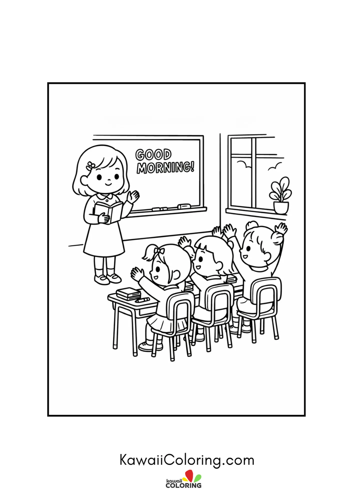 Kawaii teacher at the good morning board as students raise their hands coloring page
