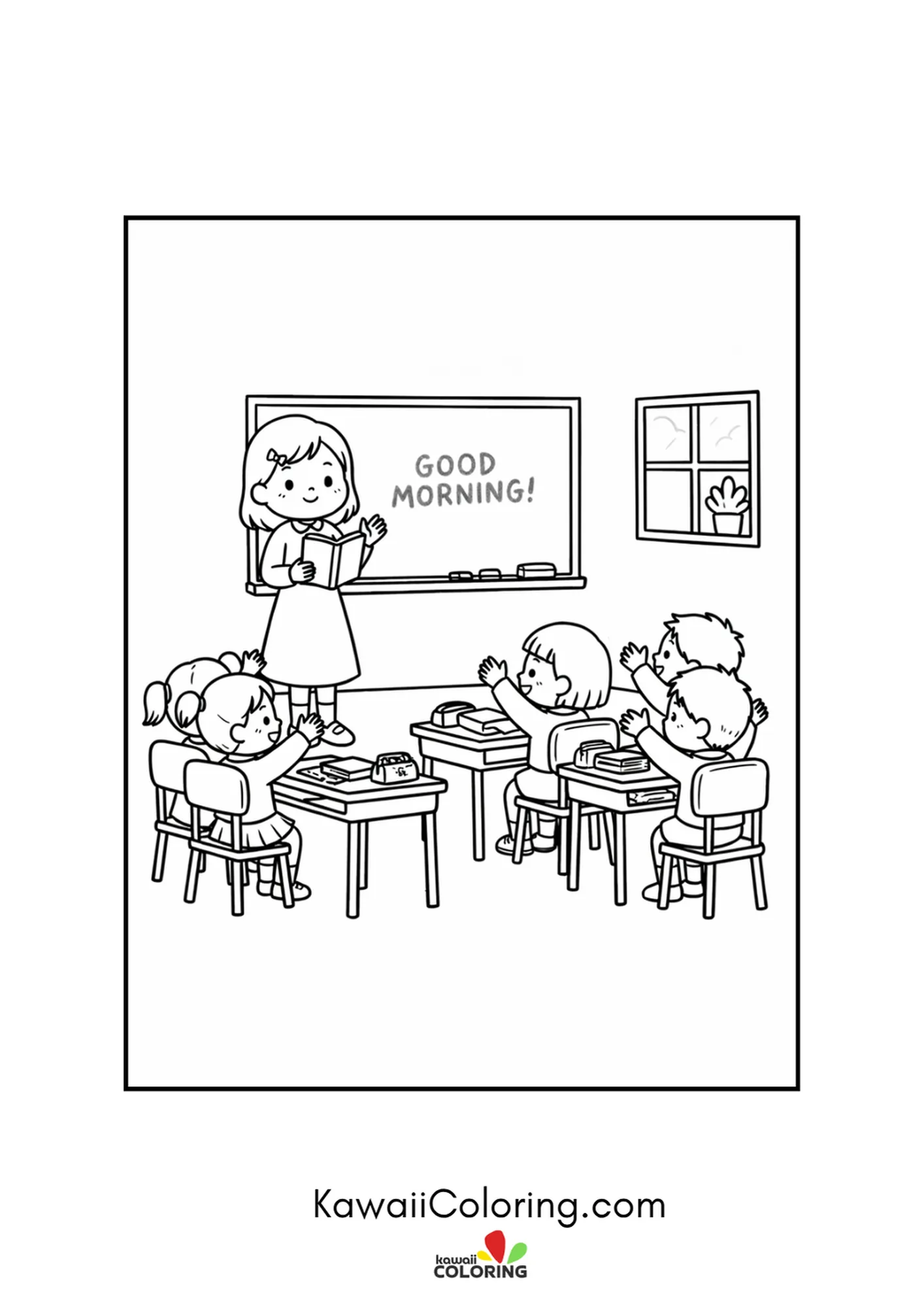 Kawaii teacher reading by the good morning chalkboard to eager students coloring page