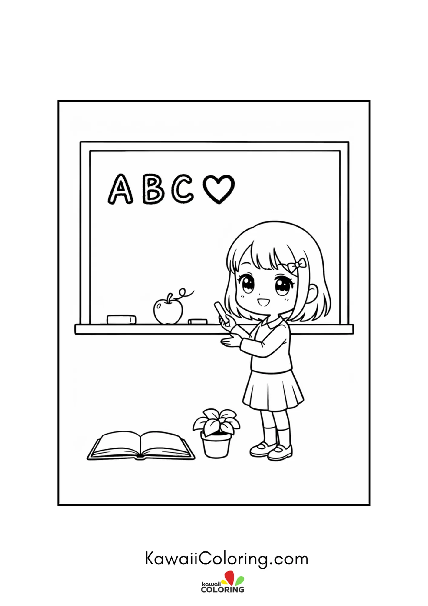 Kawaii teacher pointing to ABC on the chalkboard with an apple on the ledge coloring page