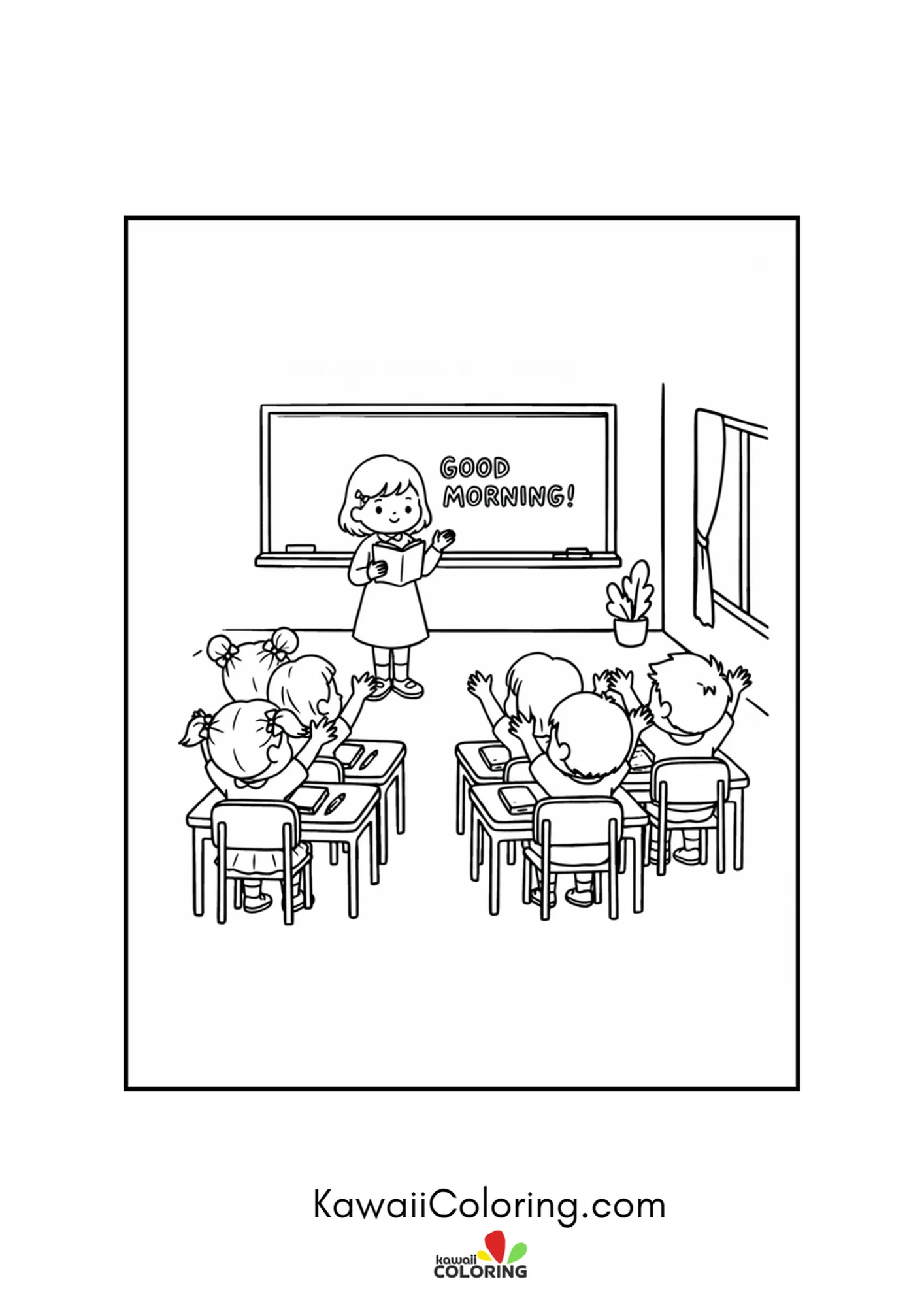 Kawaii teacher greeting a hand-raising class at the good morning board coloring page