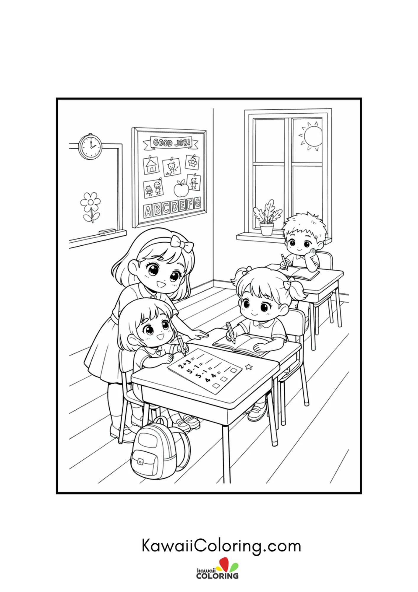 Kawaii teacher helping a student write at her desk coloring page