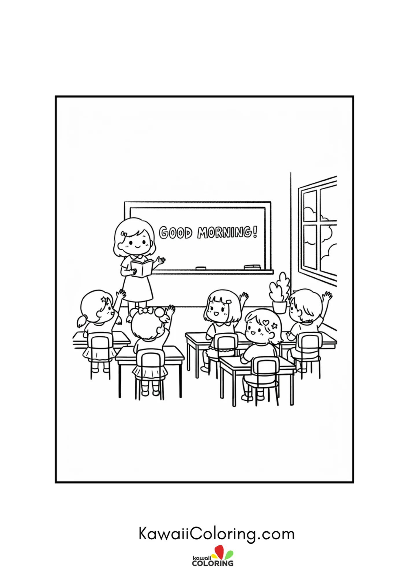 Kawaii teacher leading a lively class from the good morning board coloring page