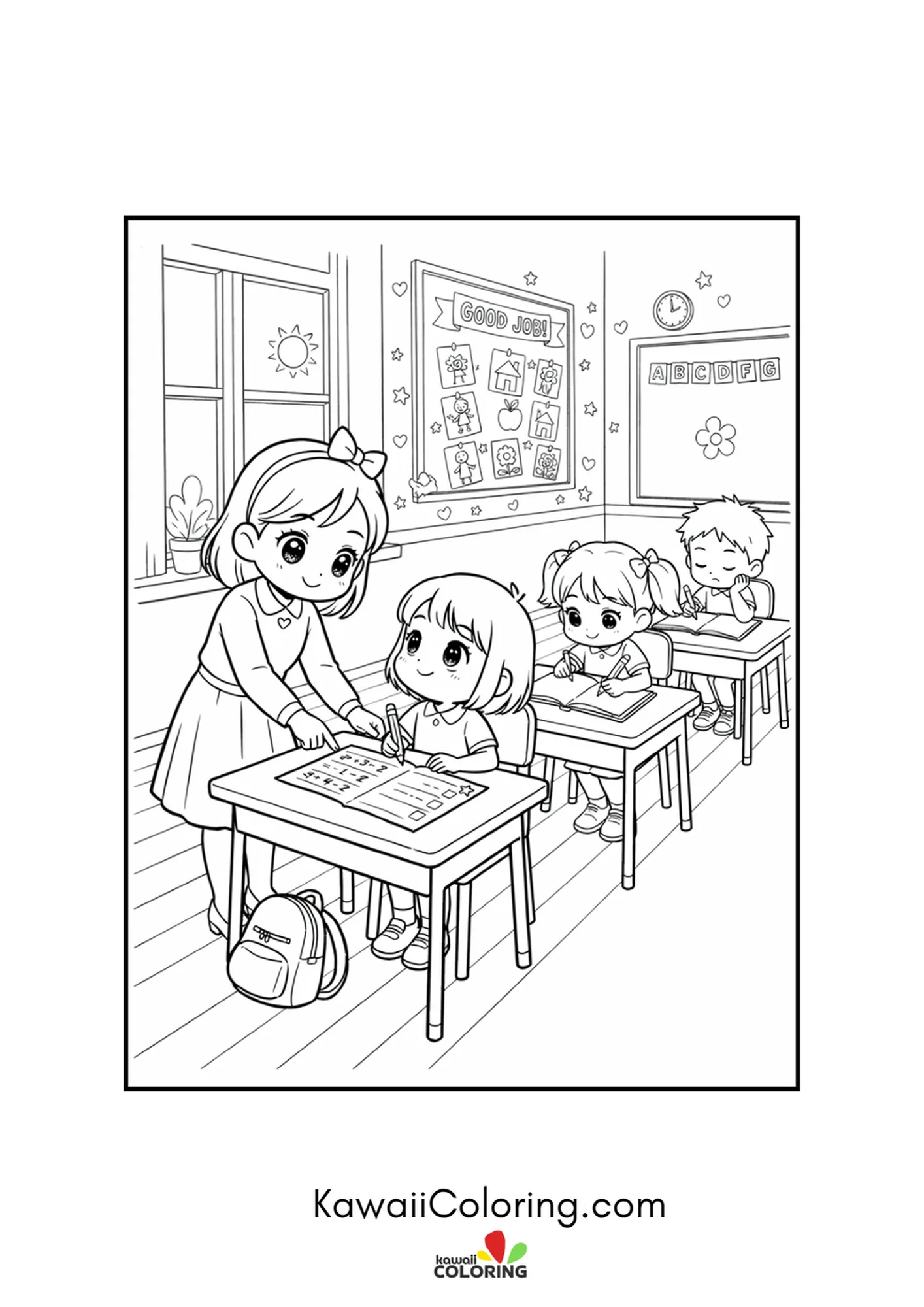 Kawaii teacher guiding students at their desks in a busy classroom coloring page