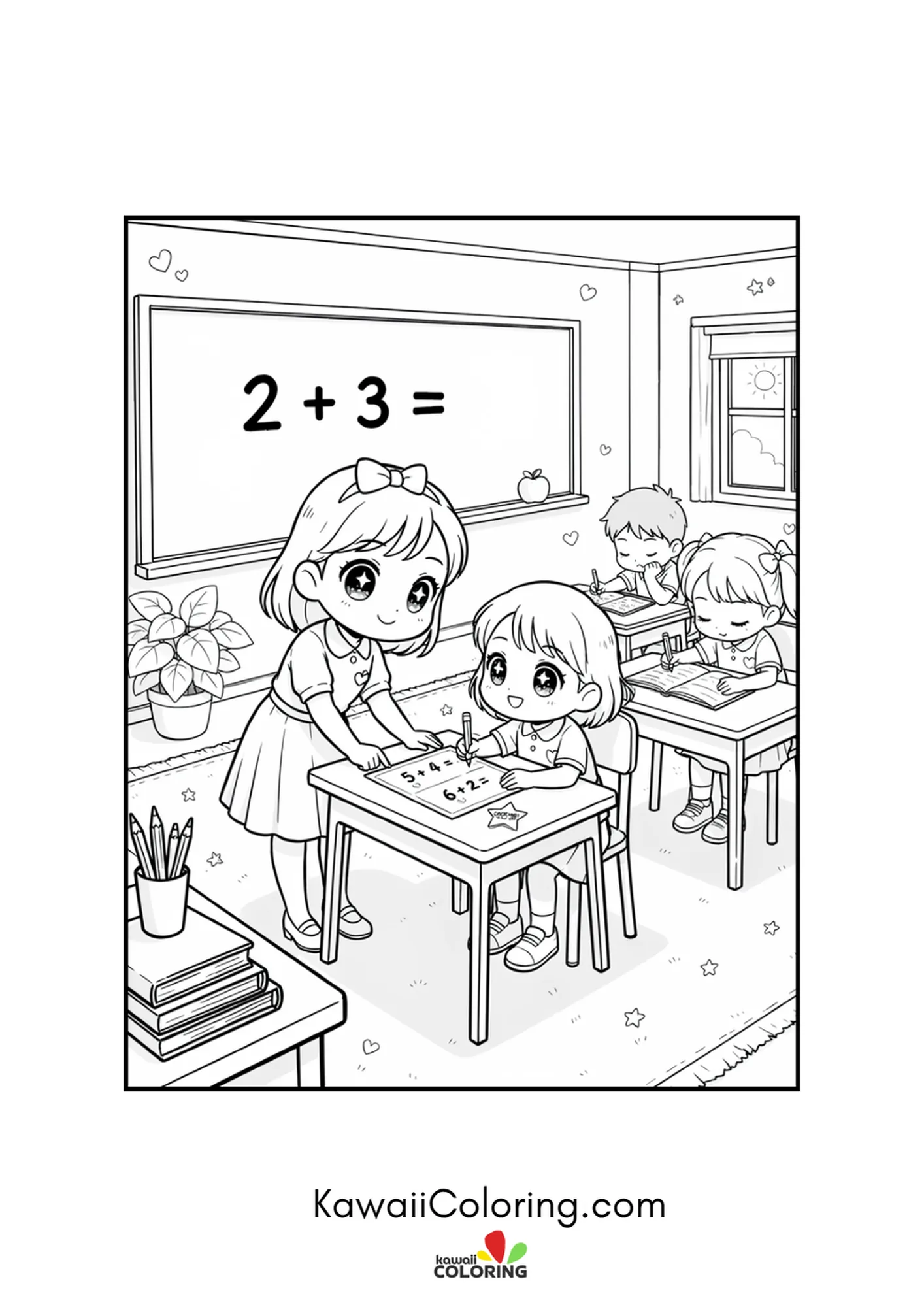 Kawaii teacher helping a student solve 2 plus 3 on the board coloring page