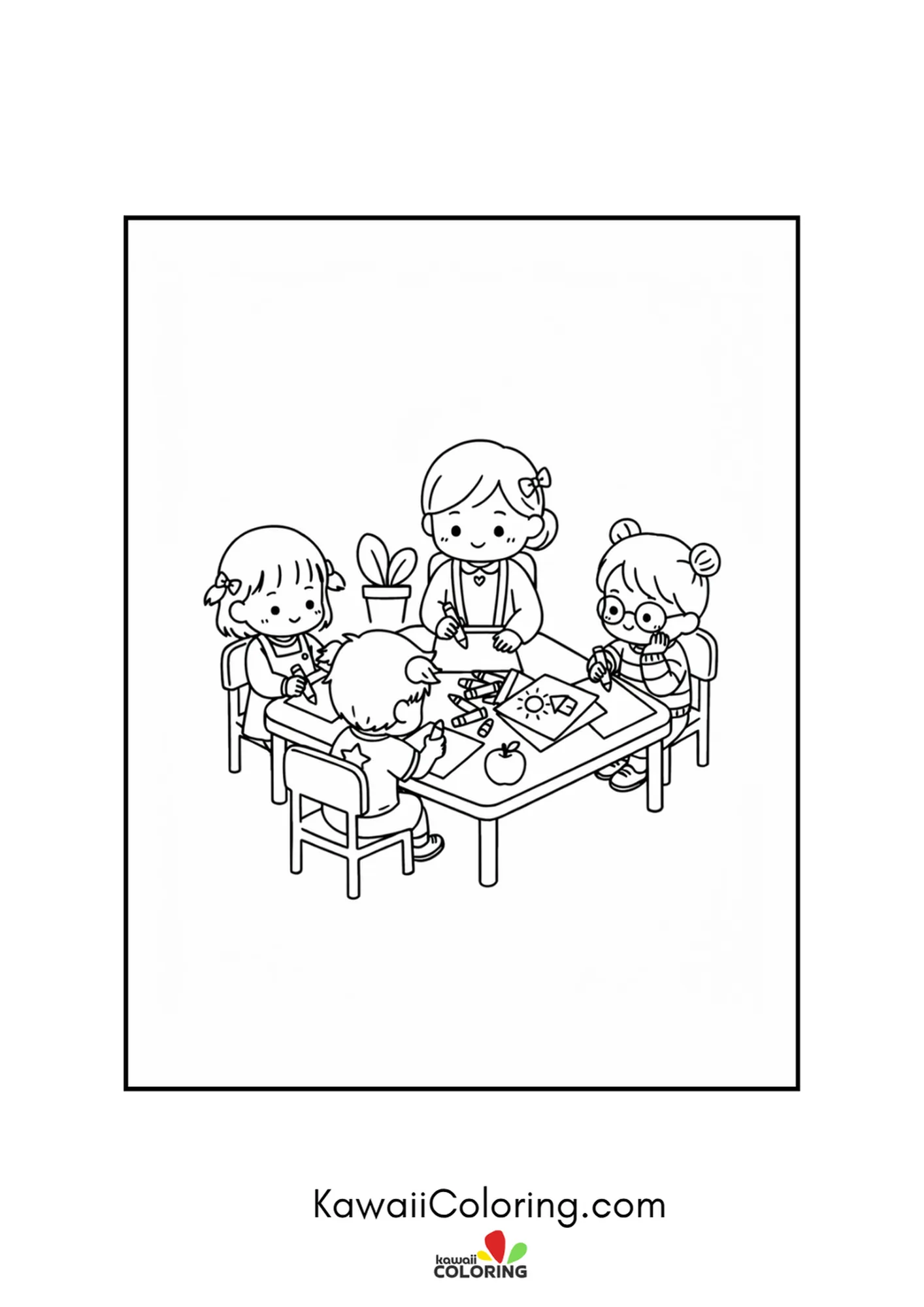 Kawaii teacher doing a craft activity with children at the table coloring page